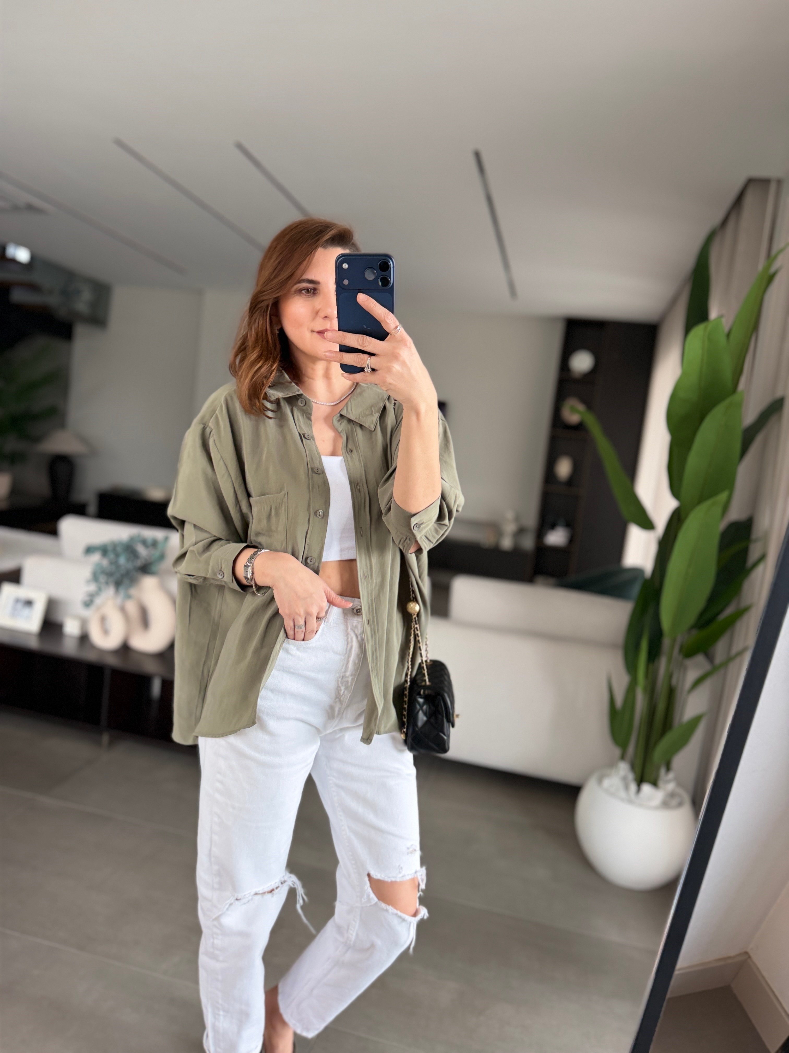 Haki Tek Cepli Modal Gömlek