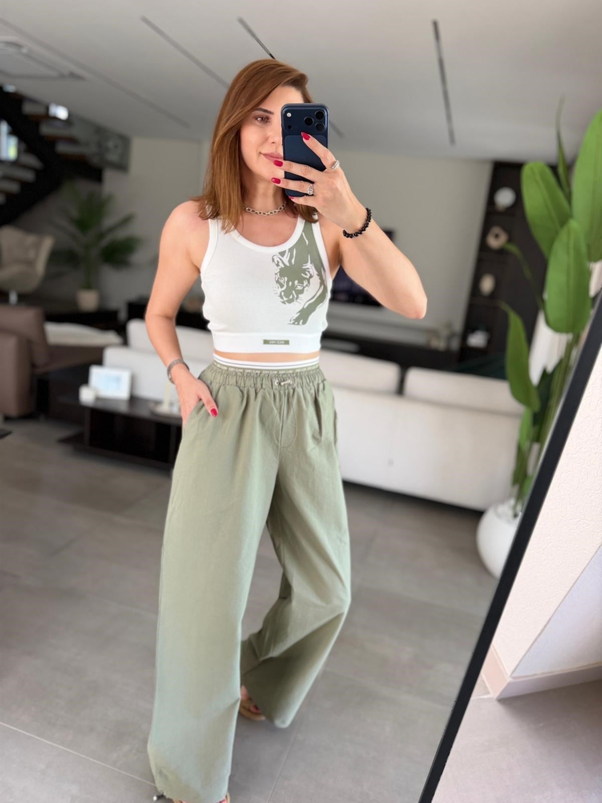 Haki Üst Crop Paça Lastik Detay Pantolon Takım
