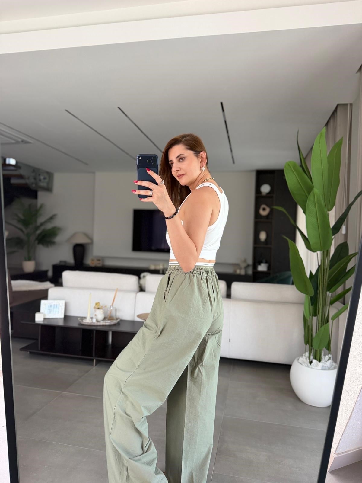 Haki Üst Crop Paça Lastik Detay Pantolon Takım