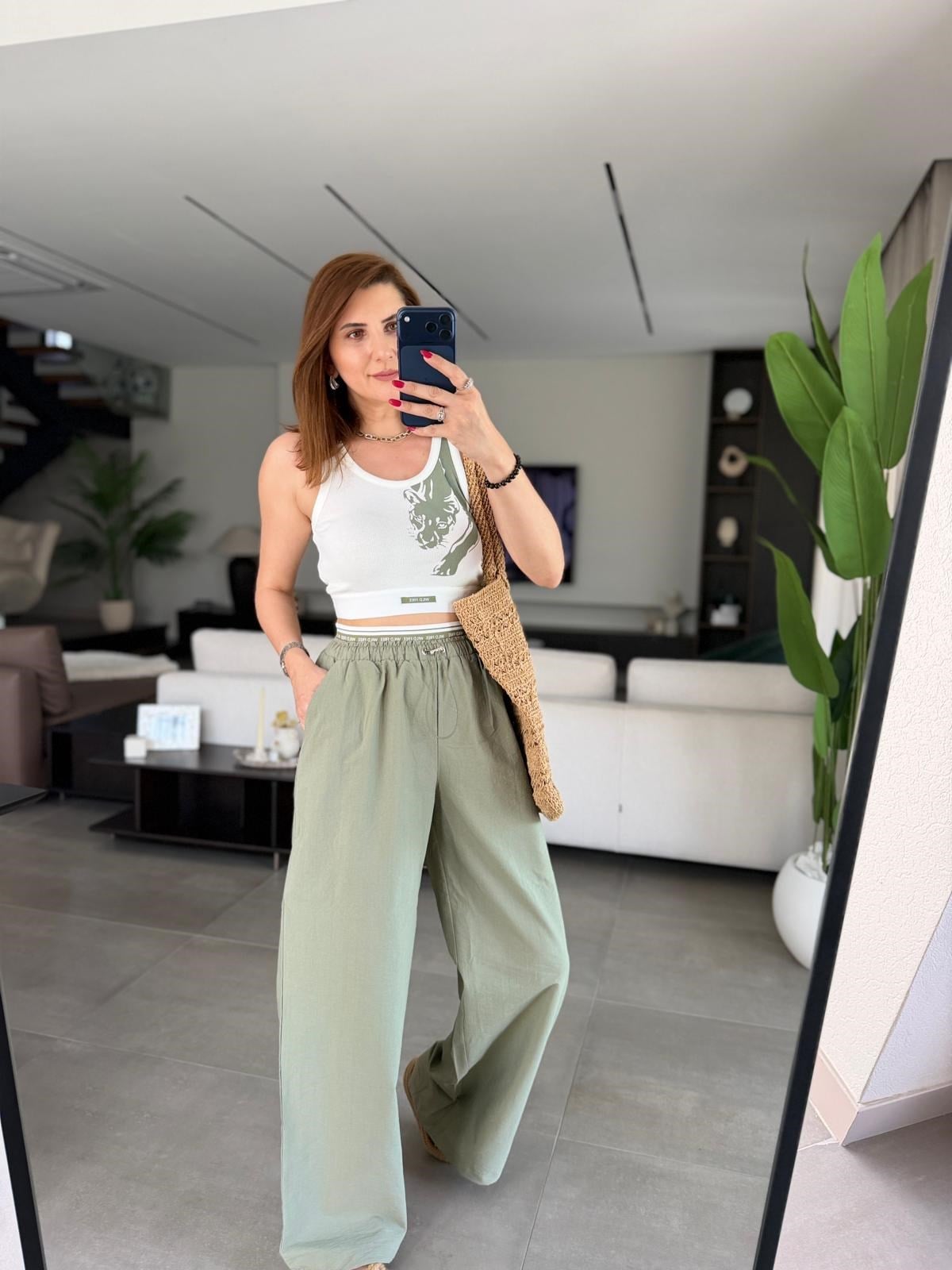 Haki Üst Crop Paça Lastik Detay Pantolon Takım