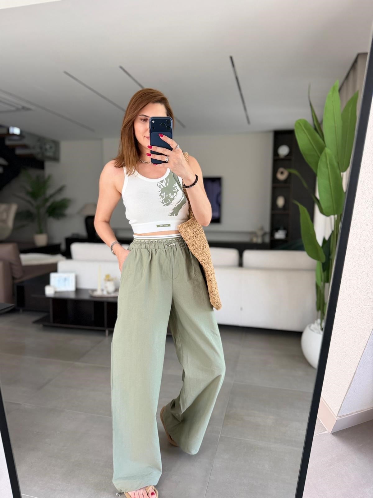 Haki Üst Crop Paça Lastik Detay Pantolon Takım