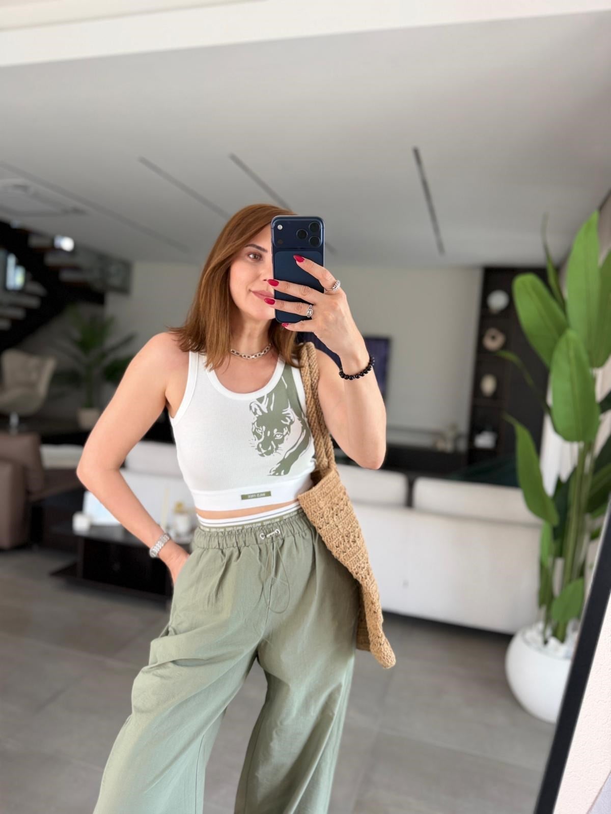 Haki Üst Crop Paça Lastik Detay Pantolon Takım