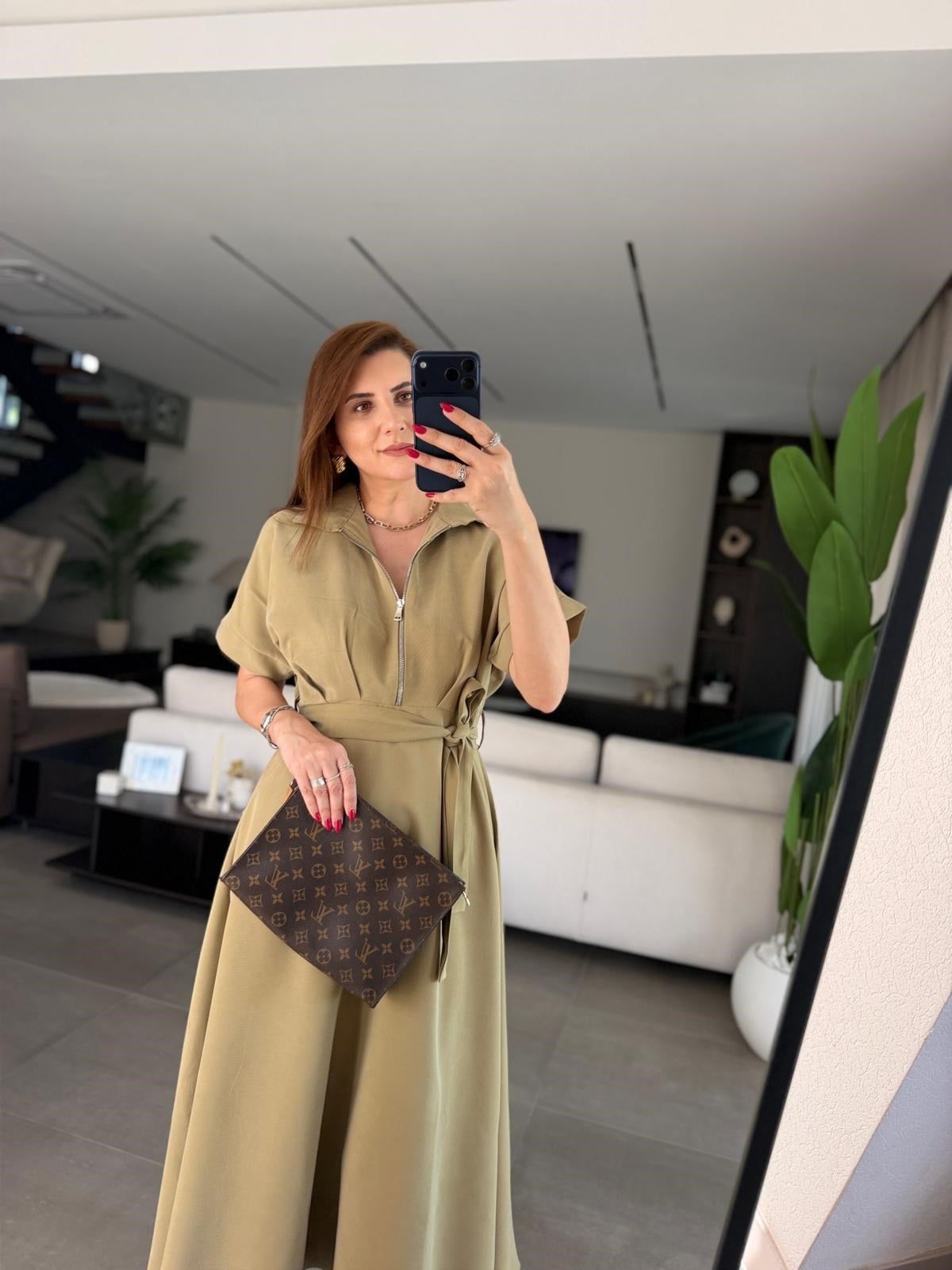 Haki Yakası Fermuar Detay Tencel Elbise