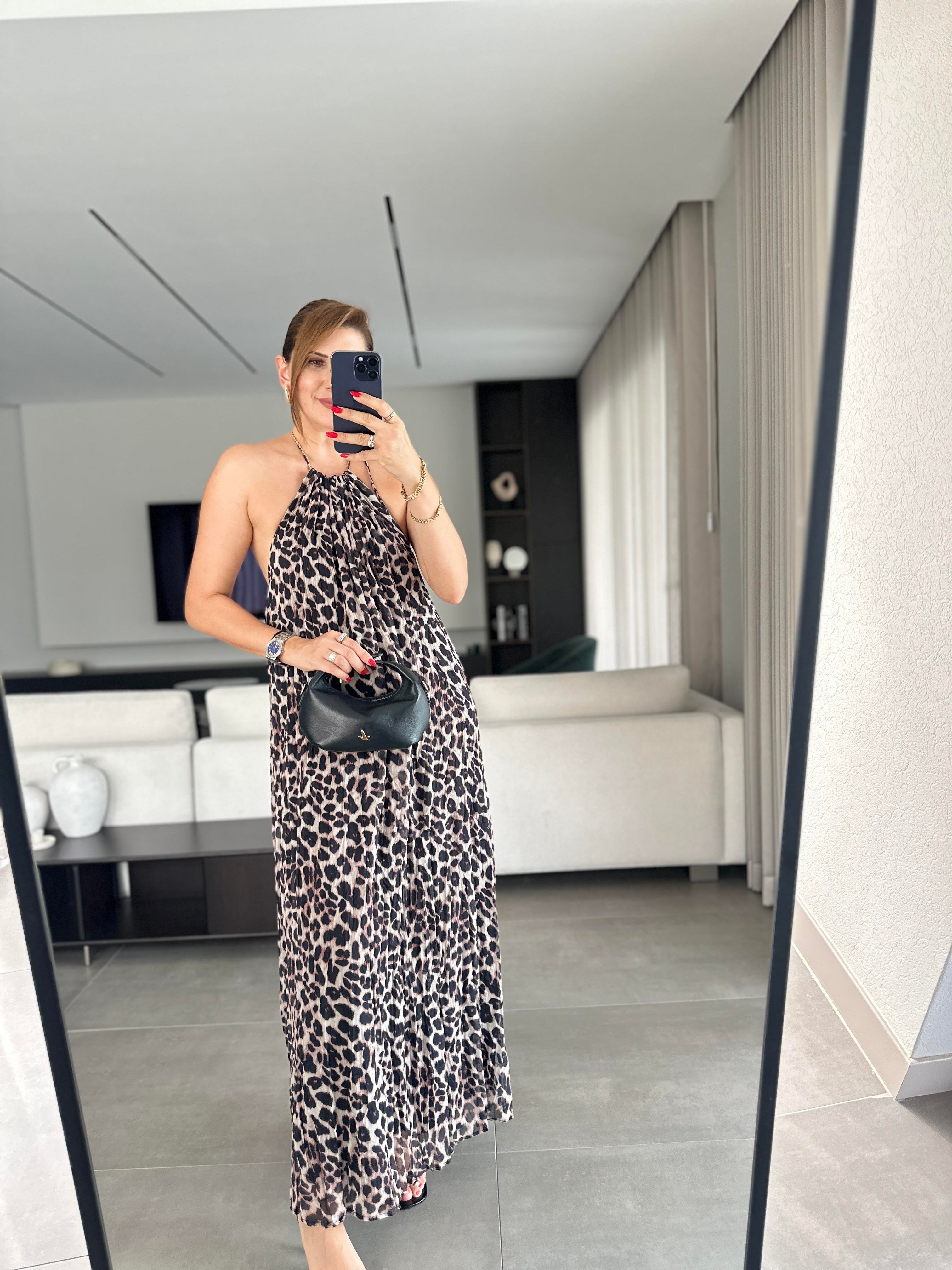 Halter Yaka Astarlı Leopar Elbise