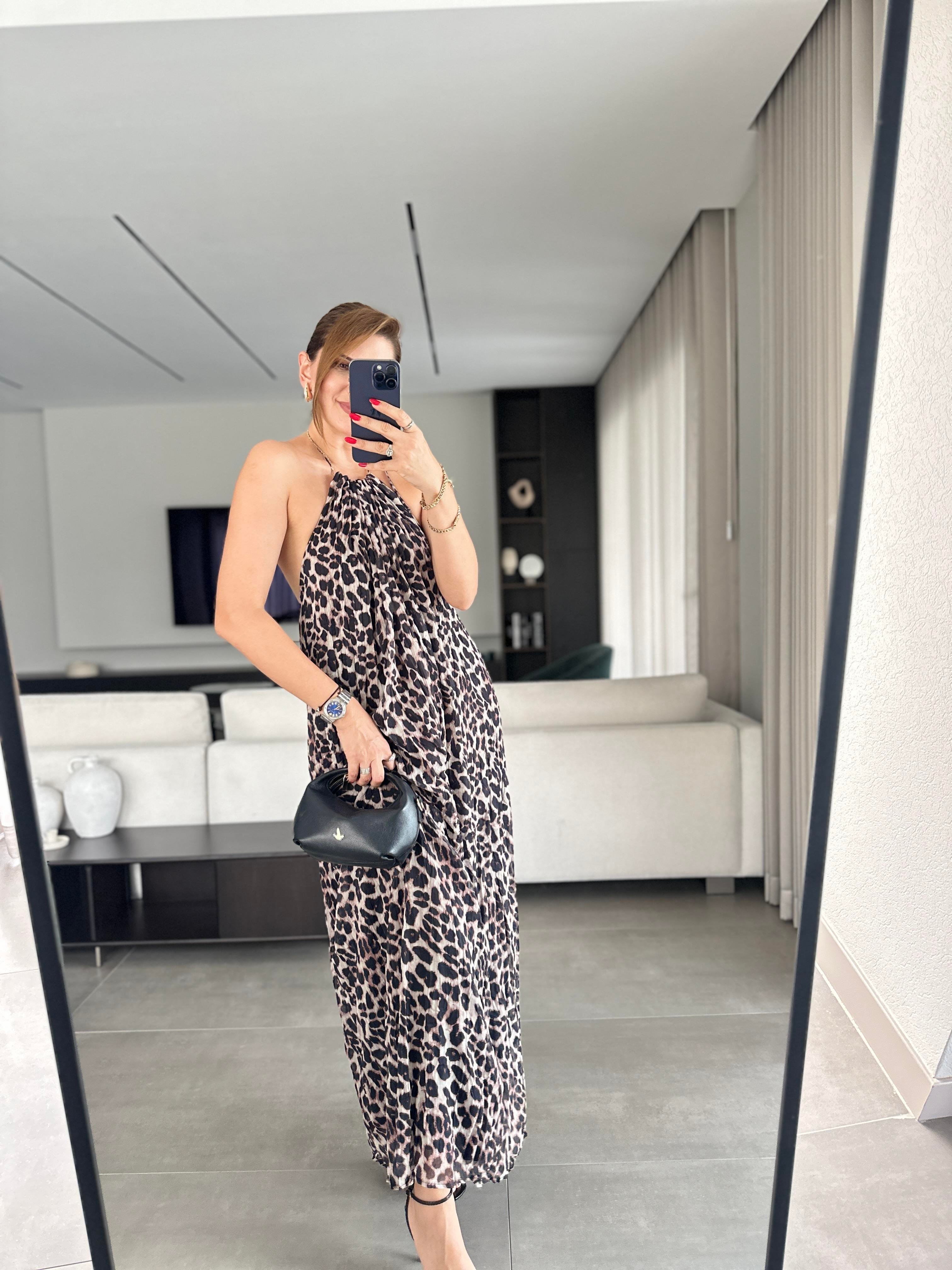 Halter Yaka Astarlı Leopar Elbise