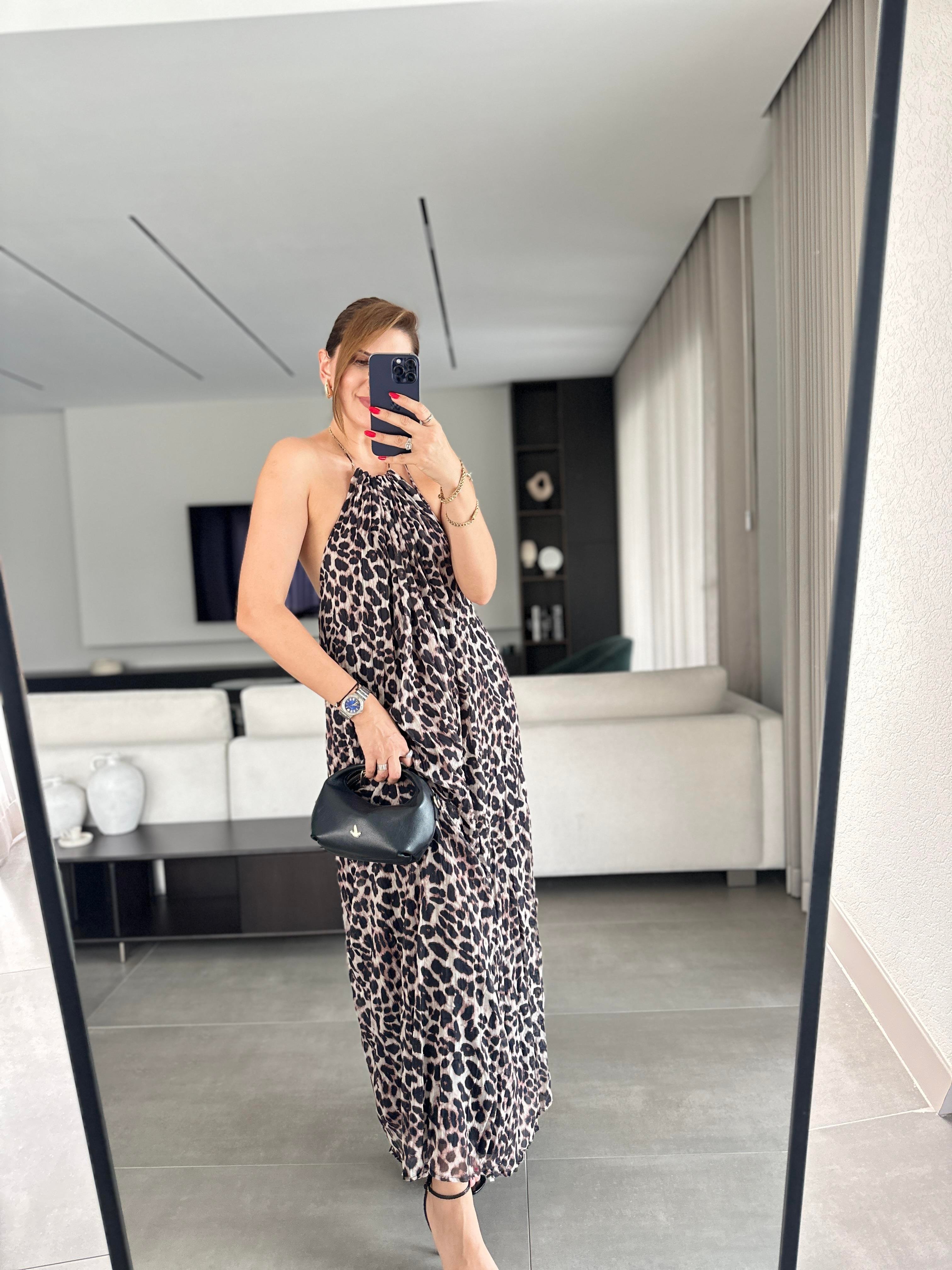 Halter Yaka Astarlı Leopar Elbise