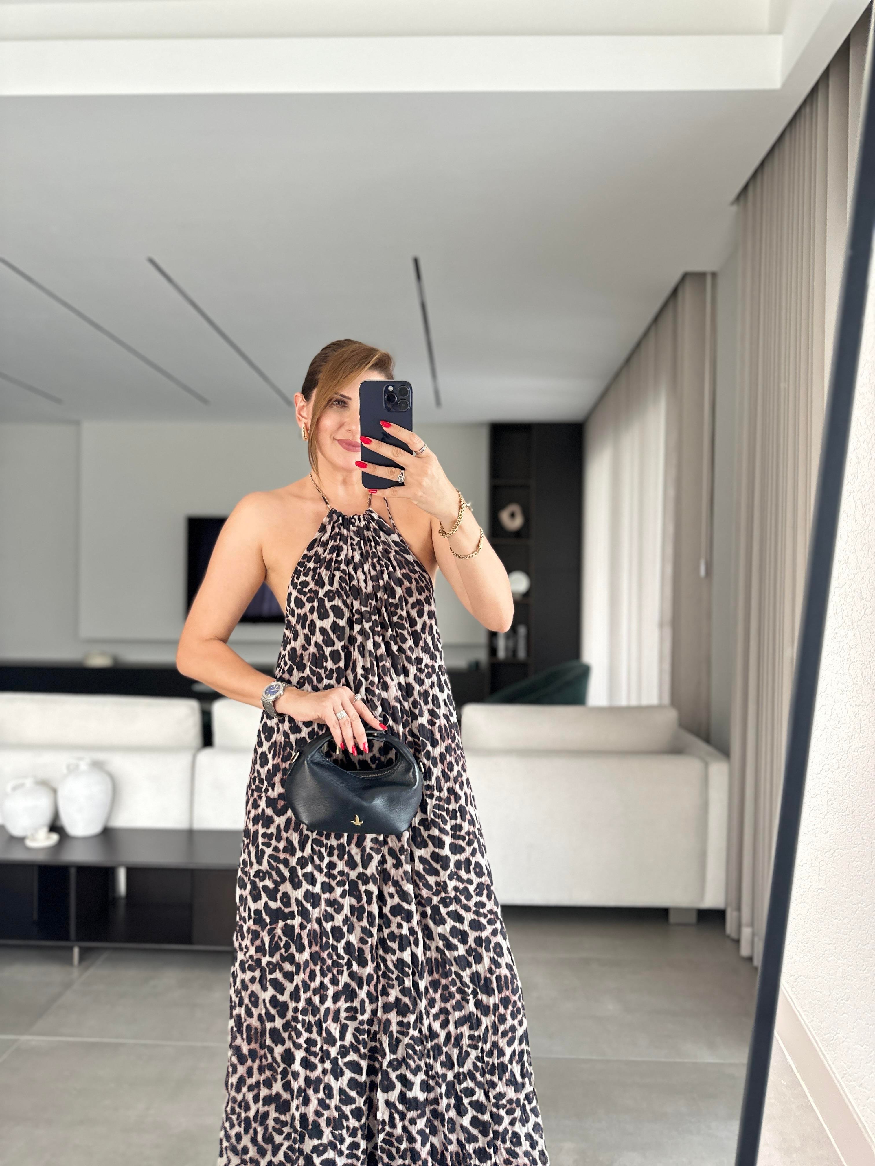 Halter Yaka Astarlı Leopar Elbise