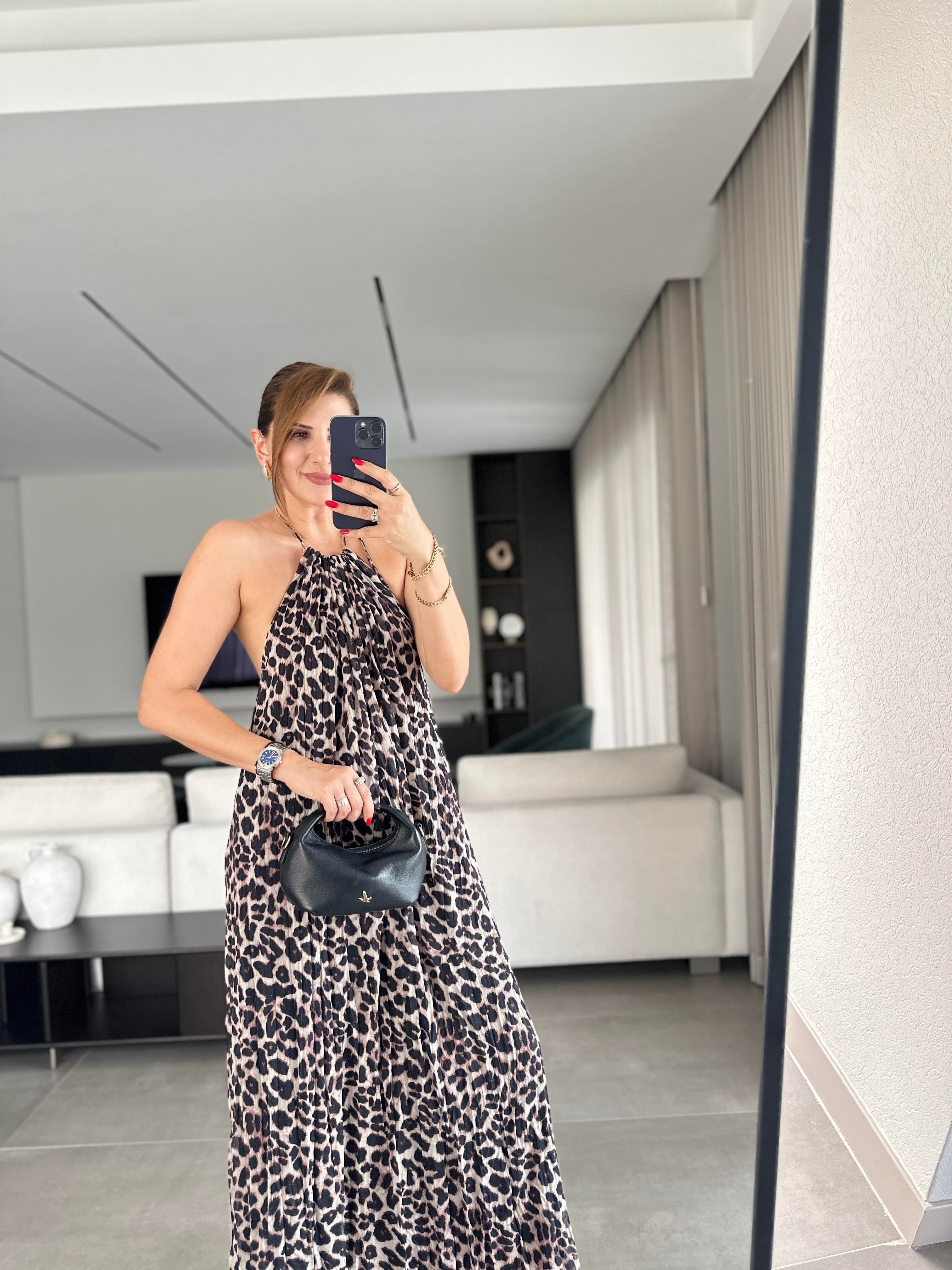 Halter Yaka Astarlı Leopar Elbise