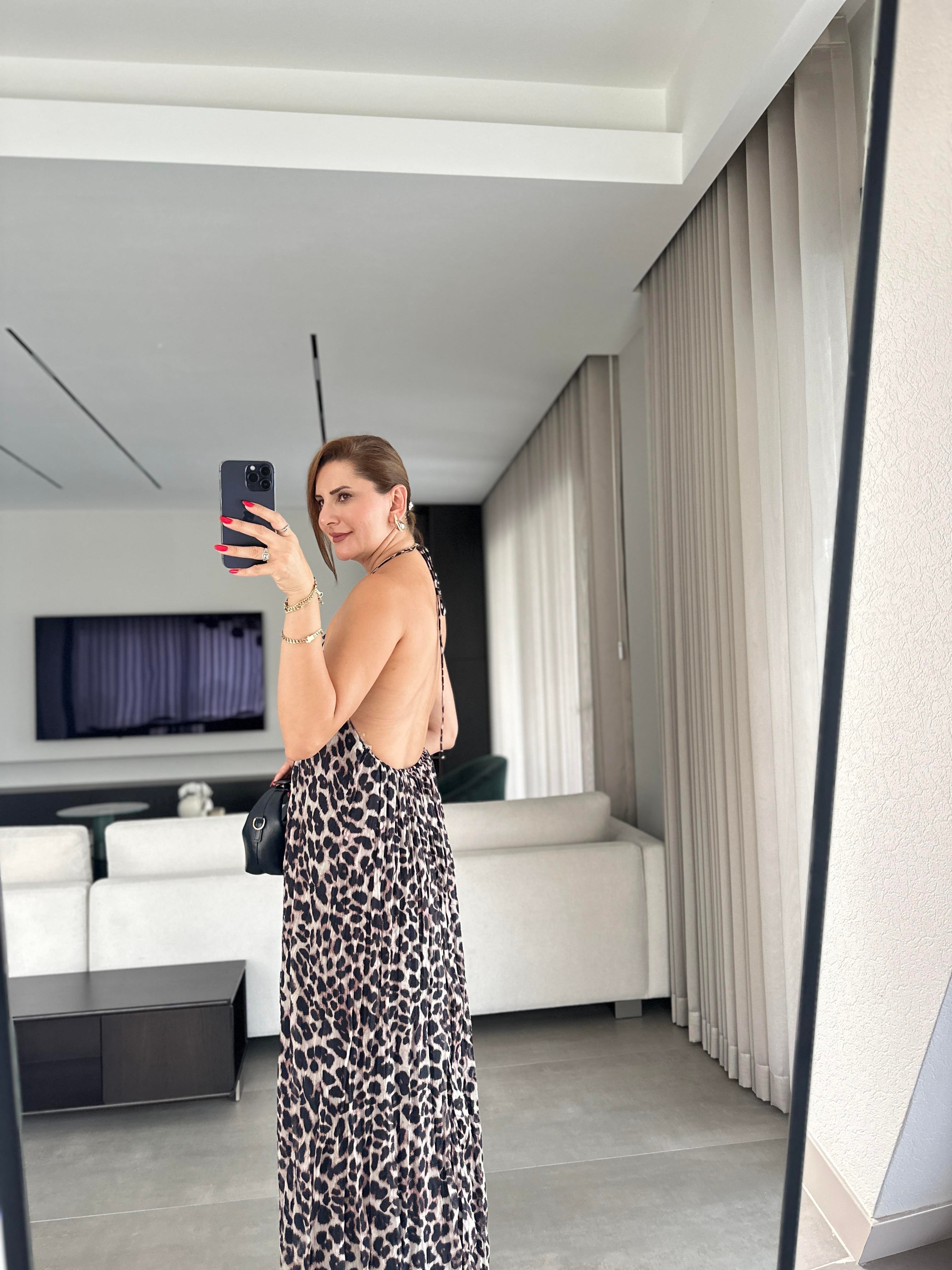 Halter Yaka Astarlı Leopar Elbise