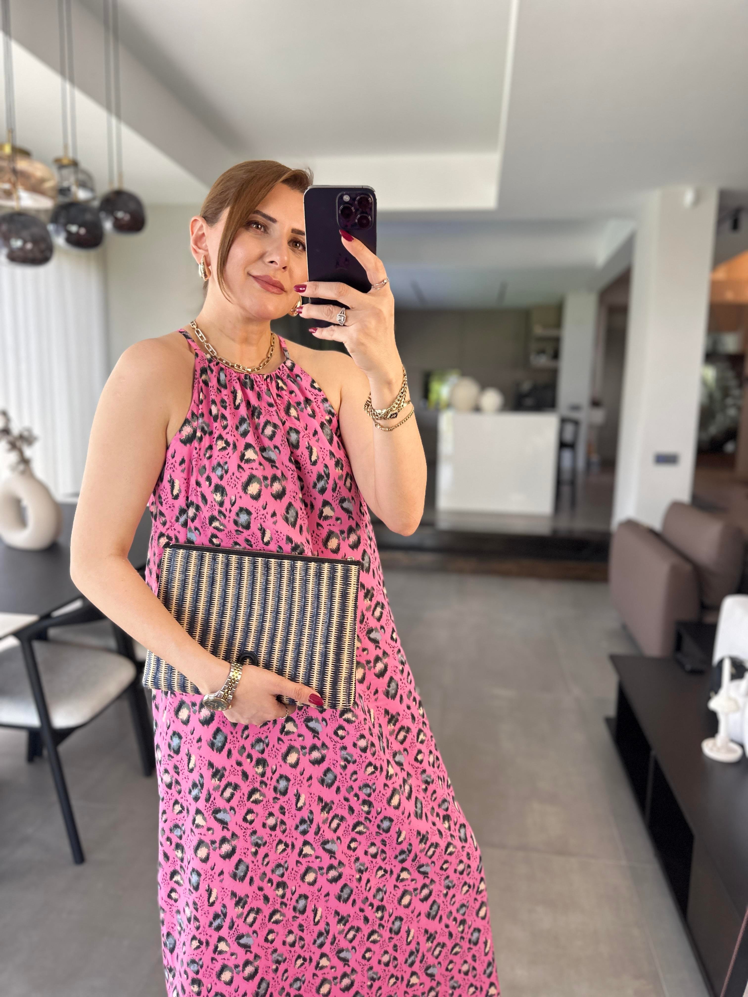 Halter Yaka Desenli Elbise