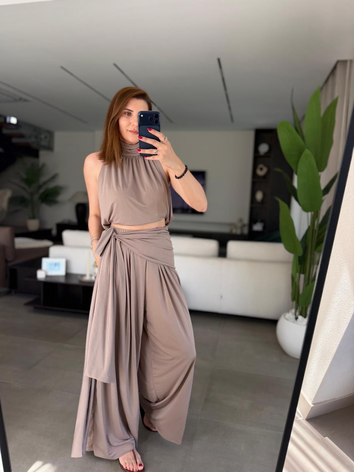 Halter Yaka Kuşaklı Pantolon Bluz Takım
