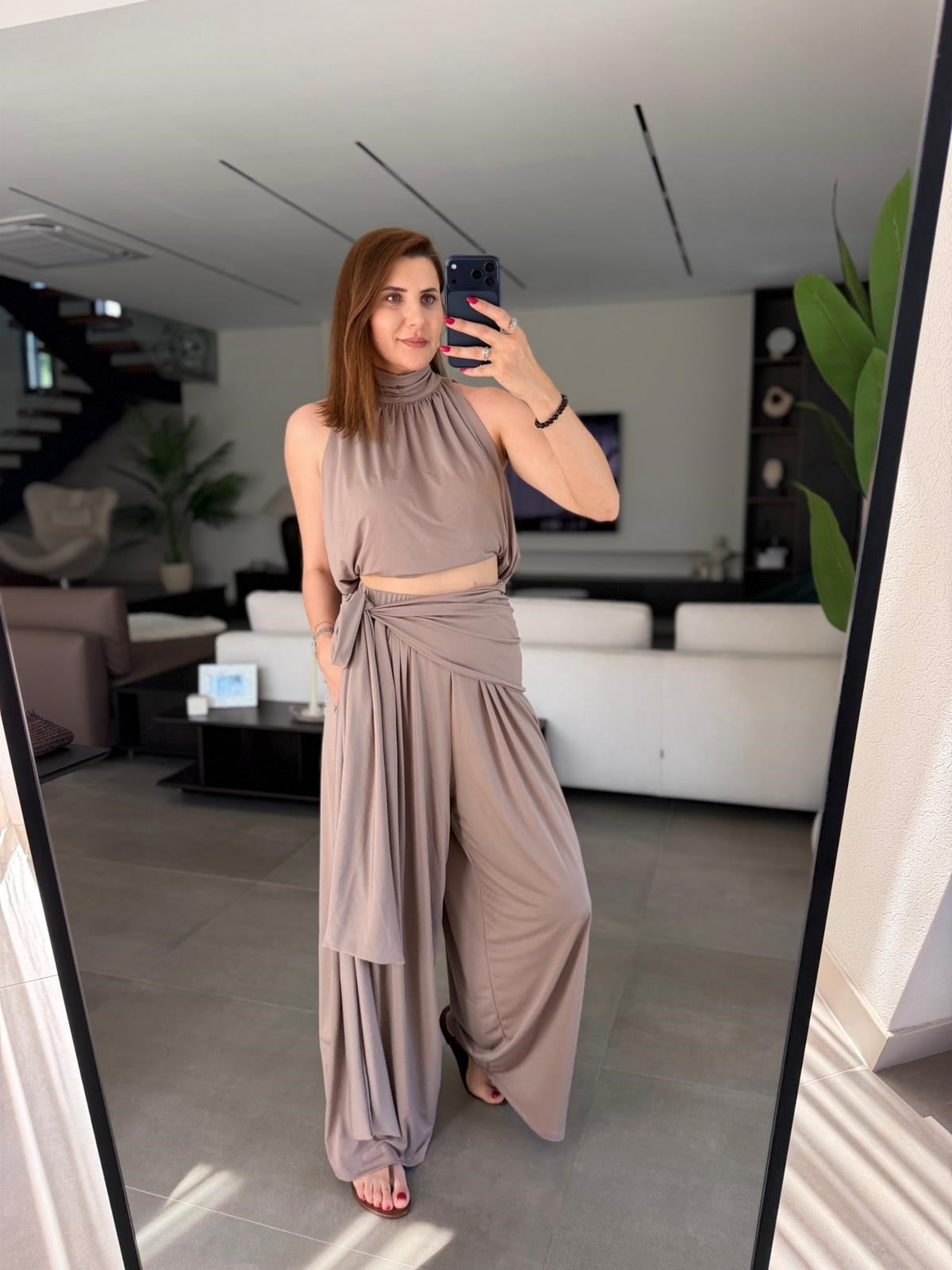 Halter Yaka Kuşaklı Pantolon Bluz Takım