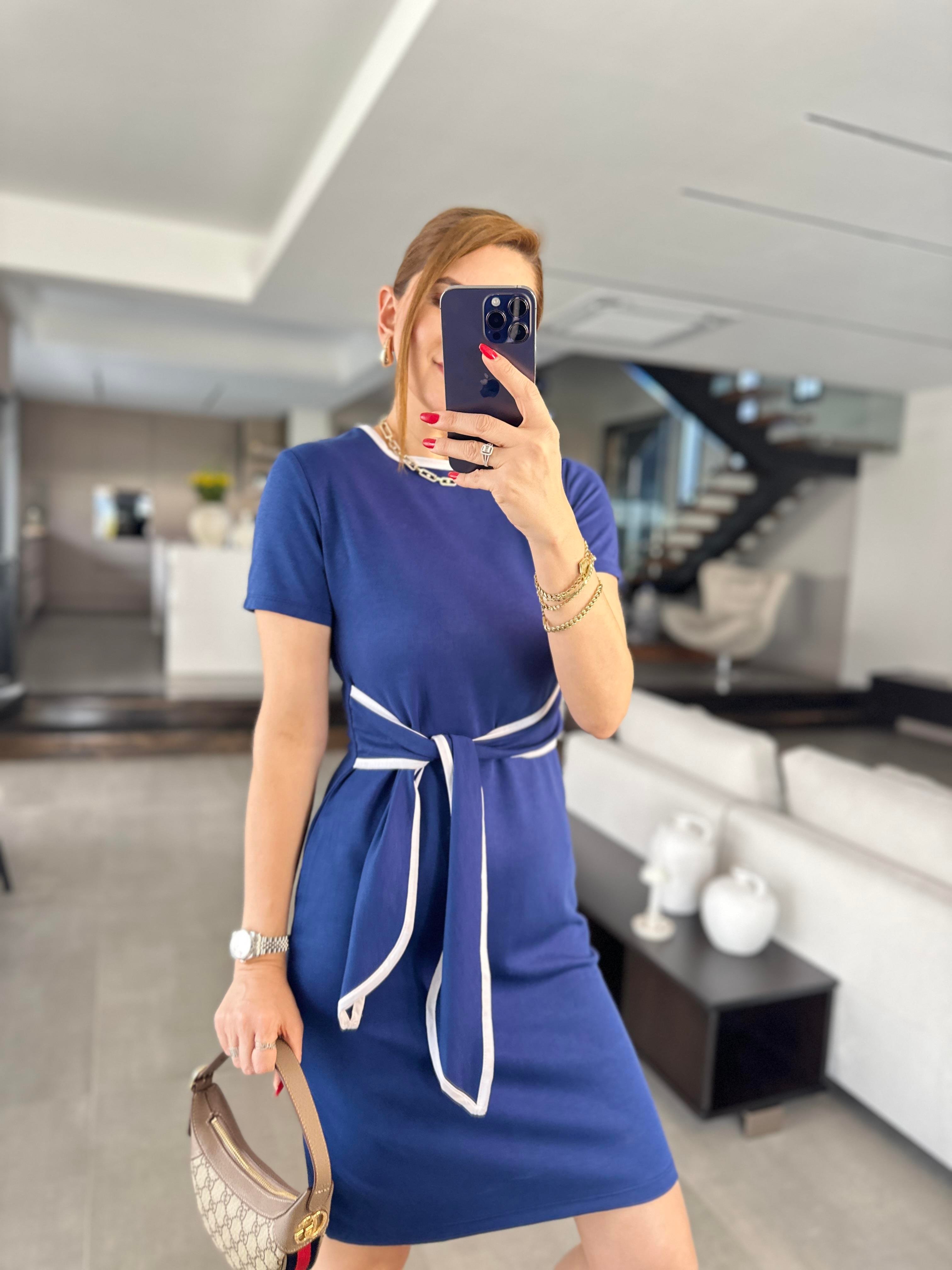 İndigo Bağlamalı Biyeli Elbise