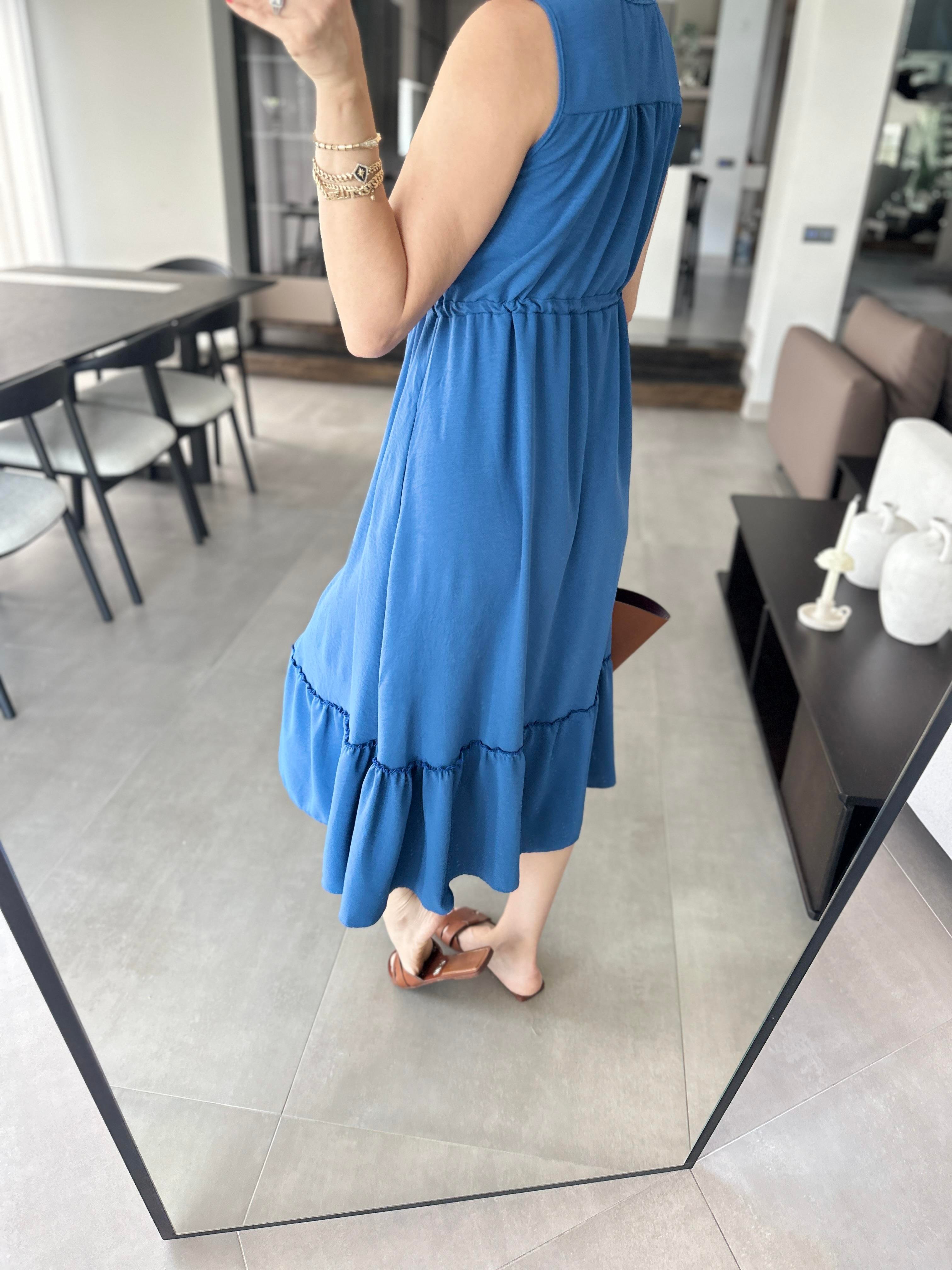 İndigo Beli Bağcıklı Kolsuz Ayrobin Elbise