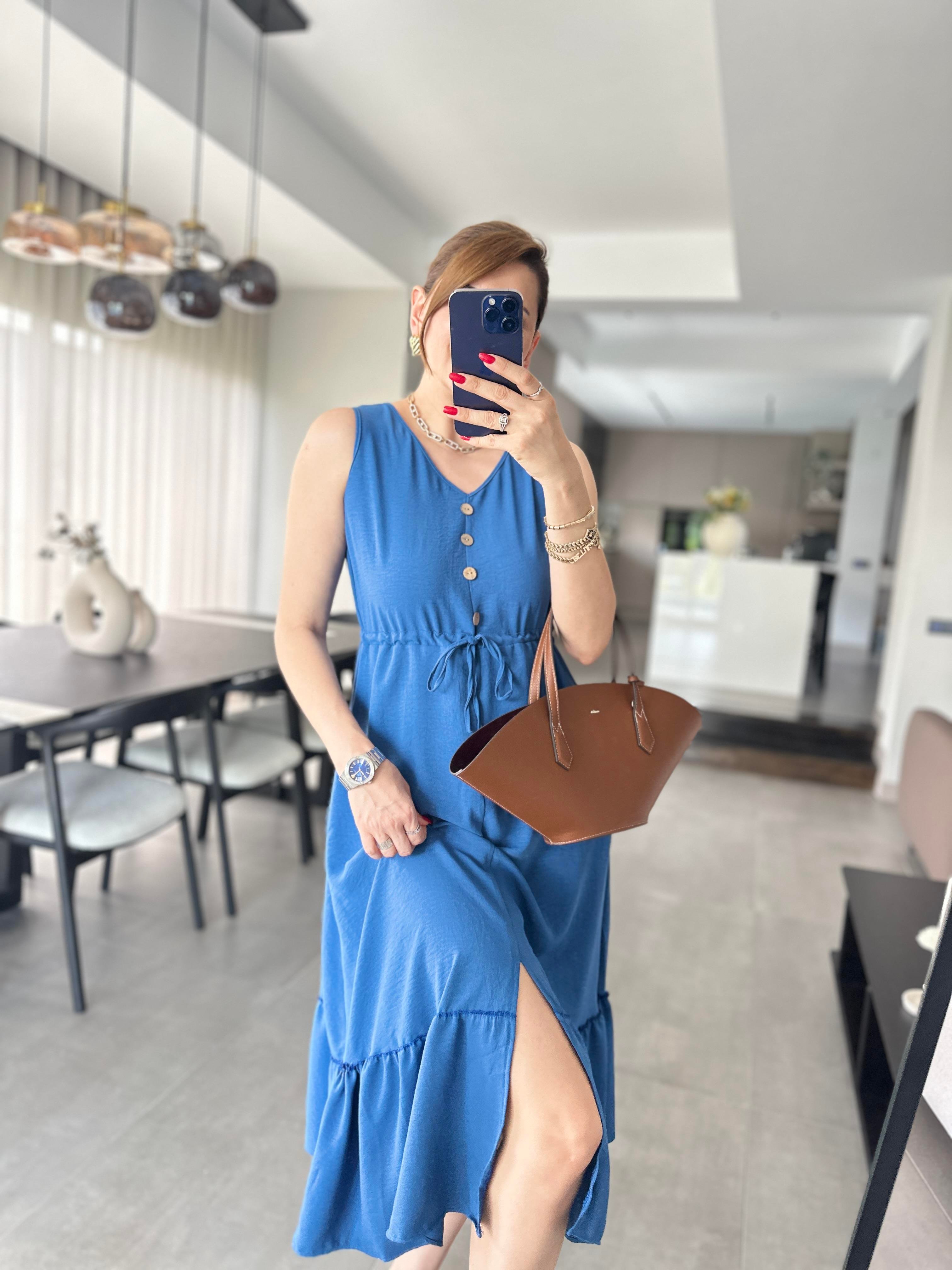 İndigo Beli Bağcıklı Kolsuz Ayrobin Elbise