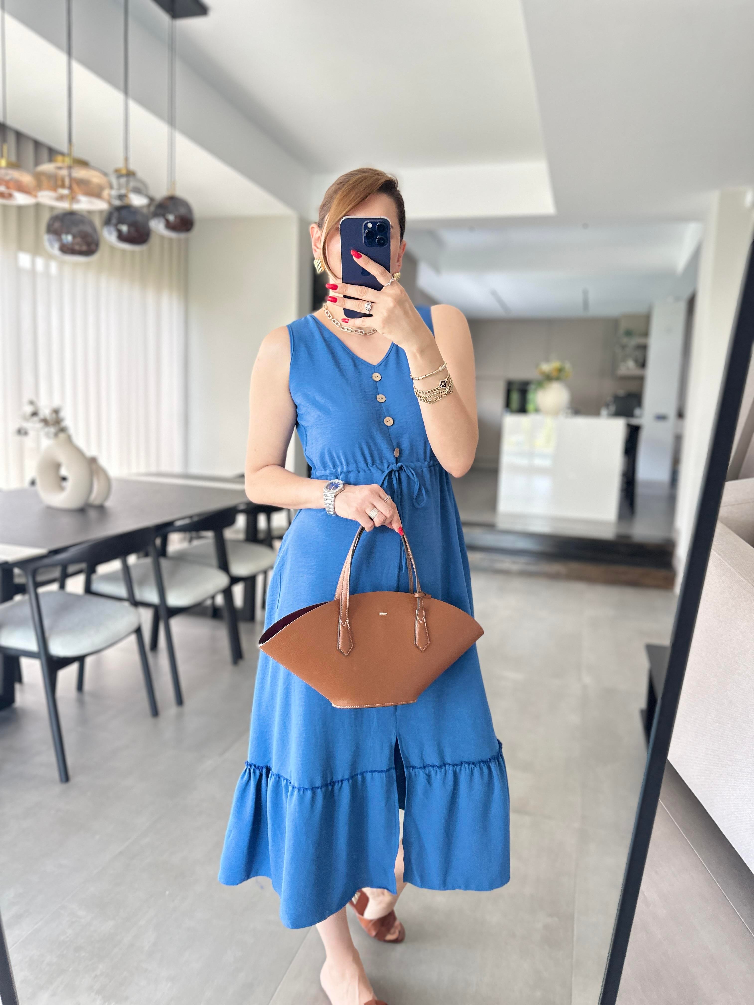 İndigo Beli Bağcıklı Kolsuz Ayrobin Elbise