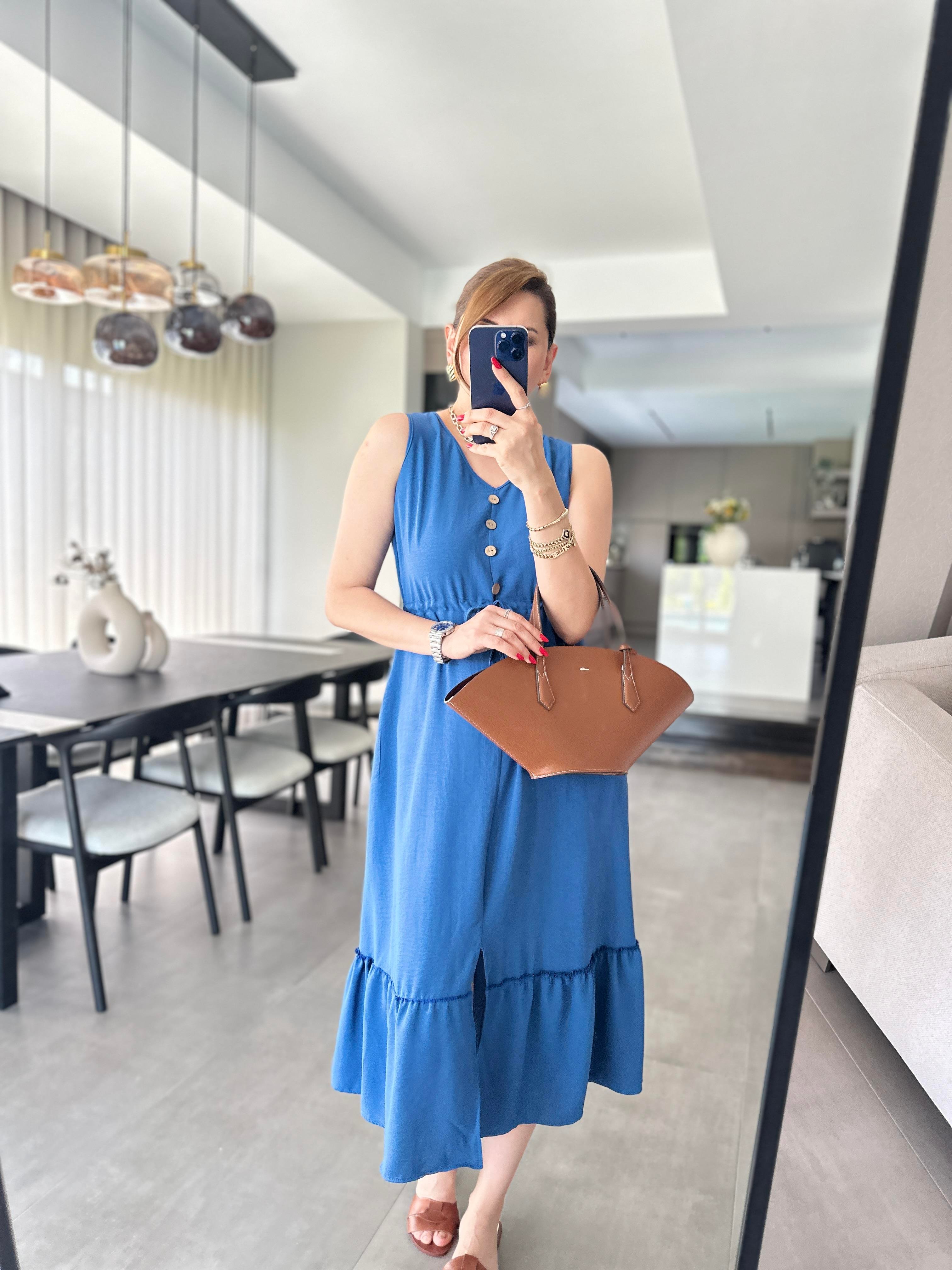 İndigo Beli Bağcıklı Kolsuz Ayrobin Elbise