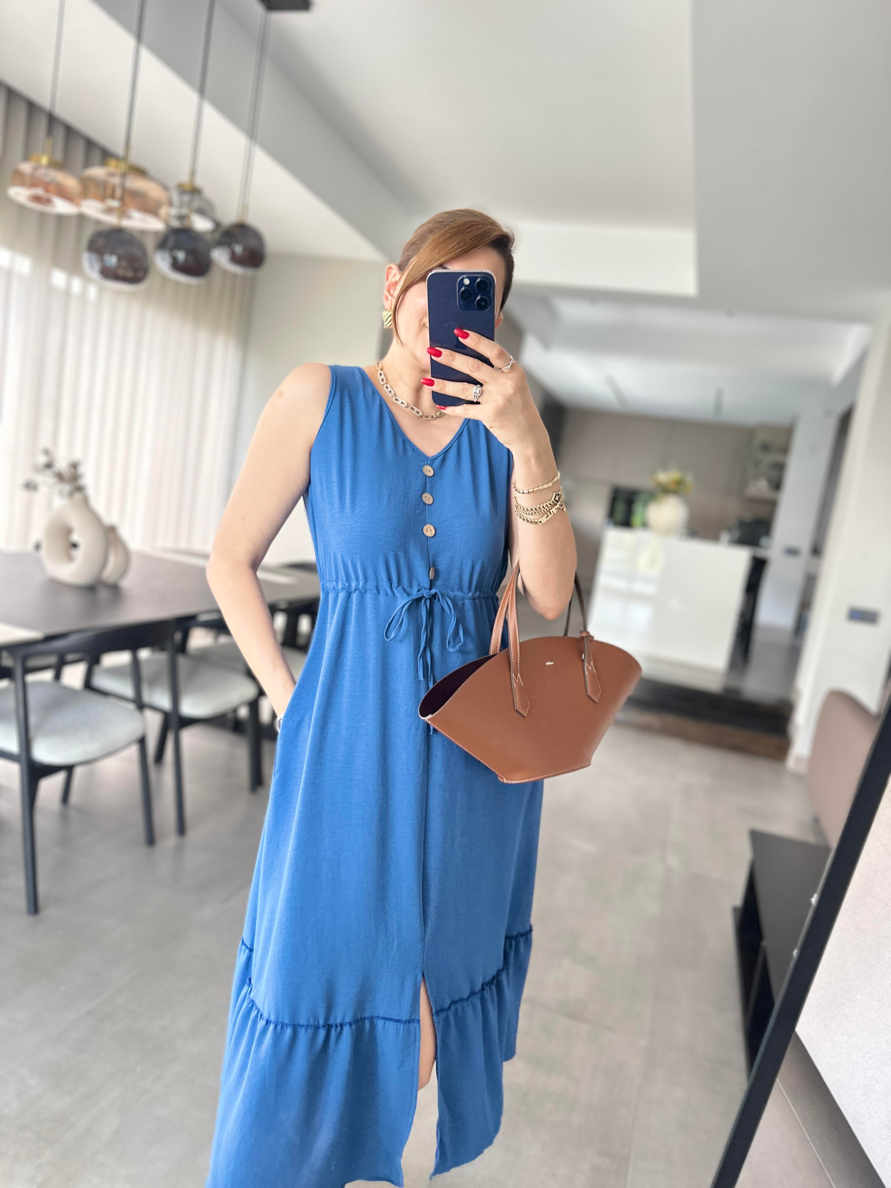 İndigo Beli Bağcıklı Kolsuz Ayrobin Elbise