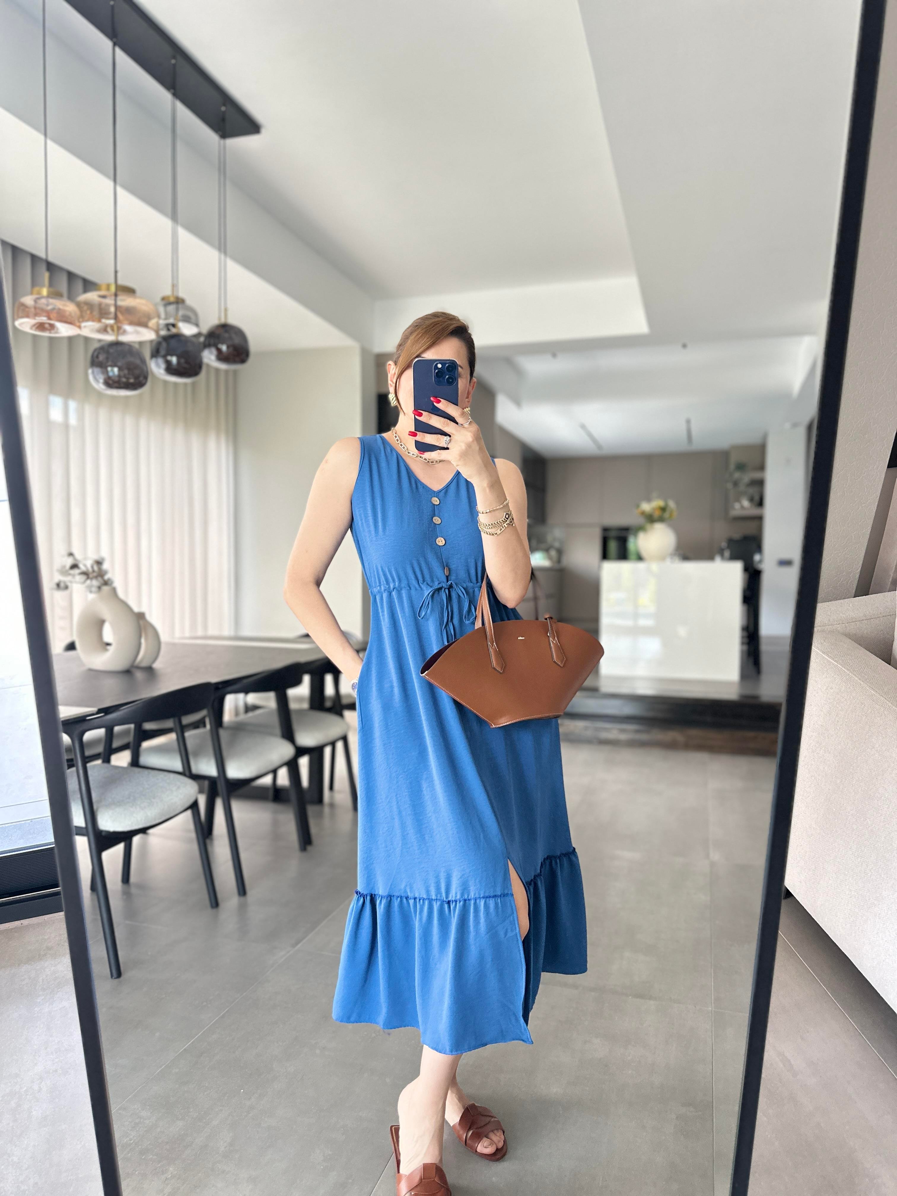 İndigo Beli Bağcıklı Kolsuz Ayrobin Elbise