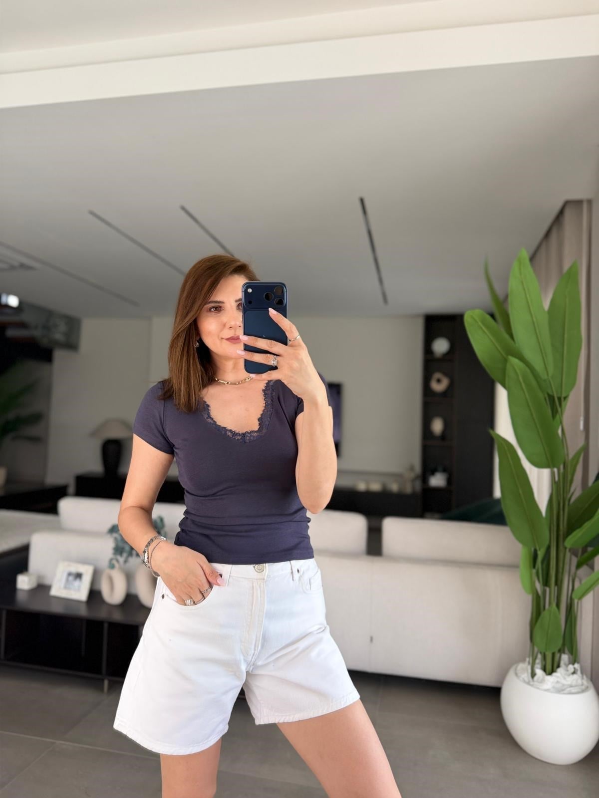İndigo Dantelli V Yaka Bluz