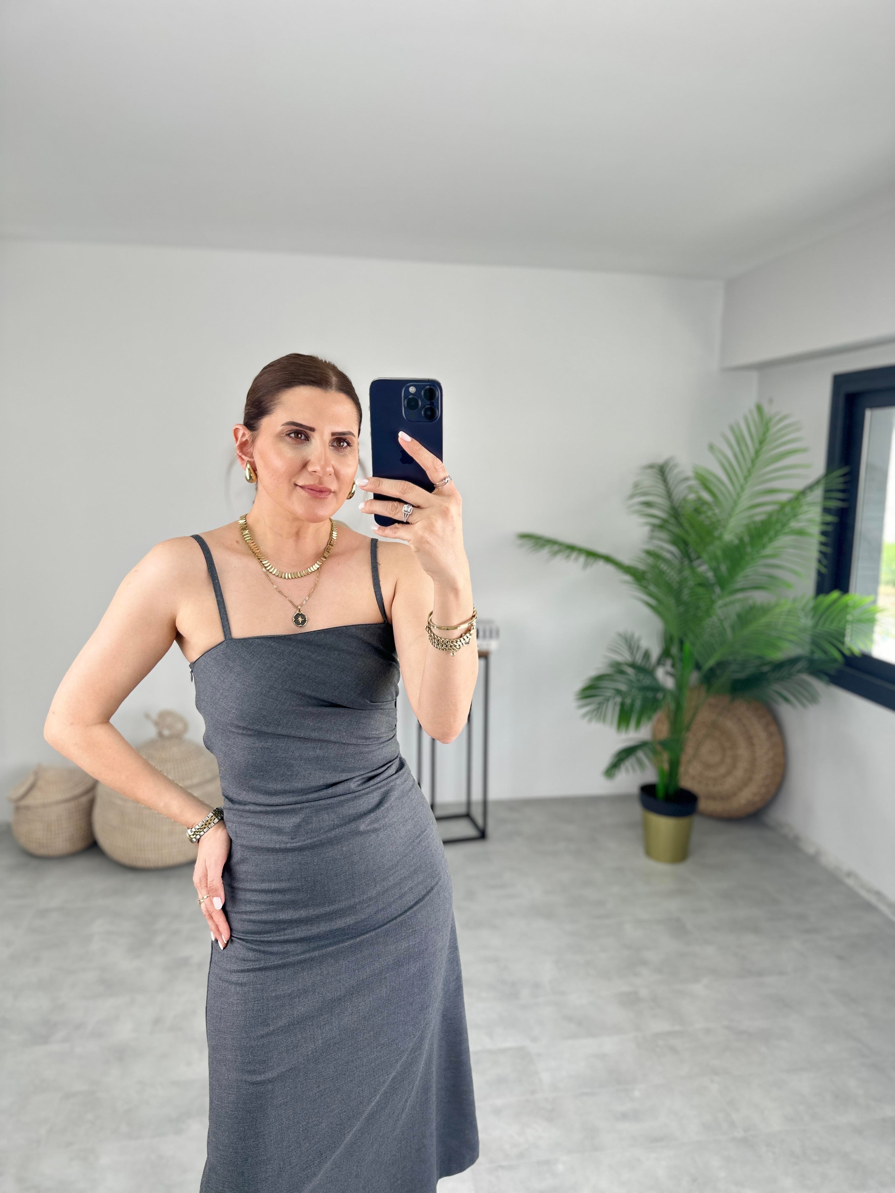 İP ASKILI DRAPELİ ELBİSE