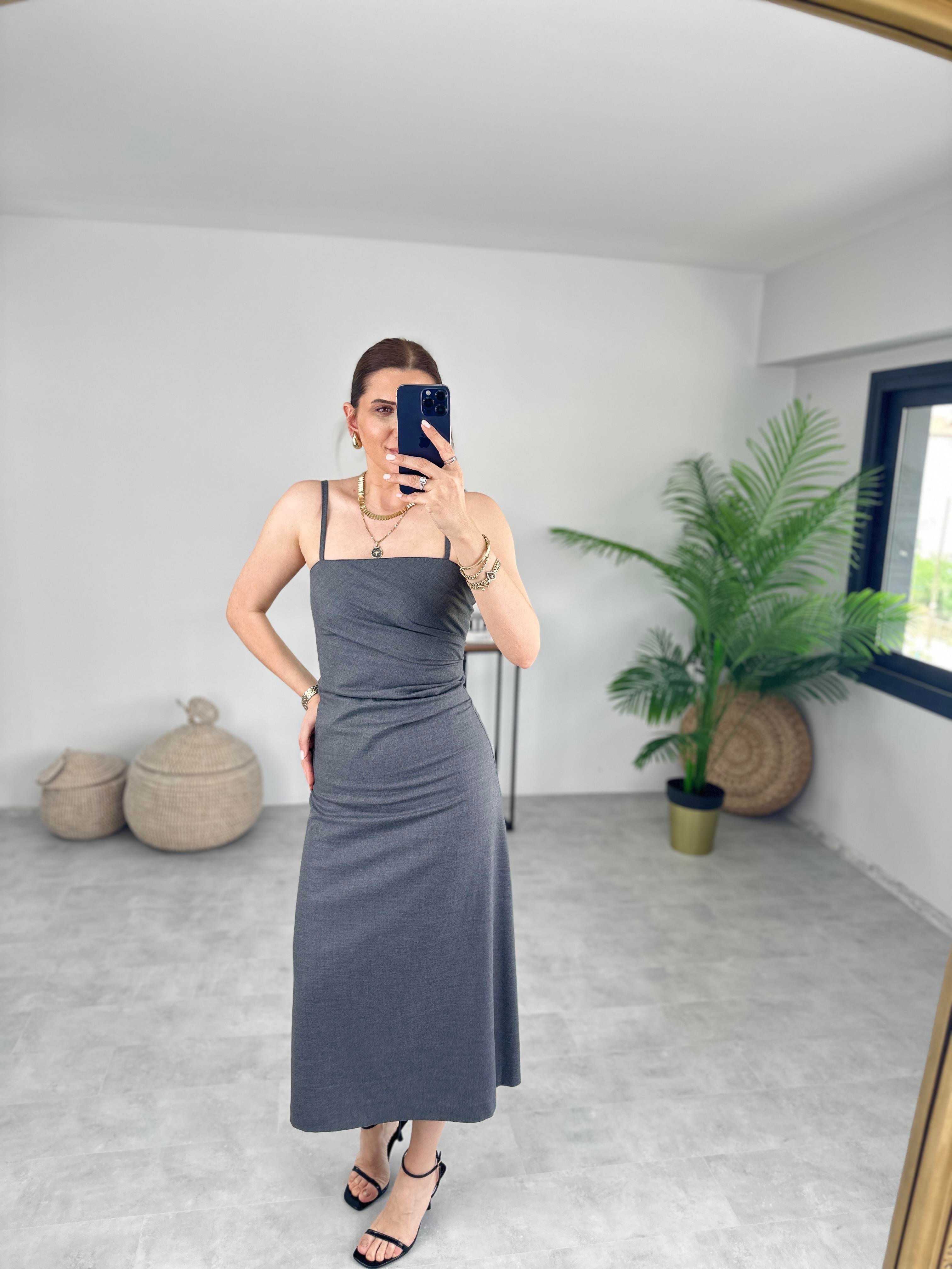 İP ASKILI DRAPELİ ELBİSE