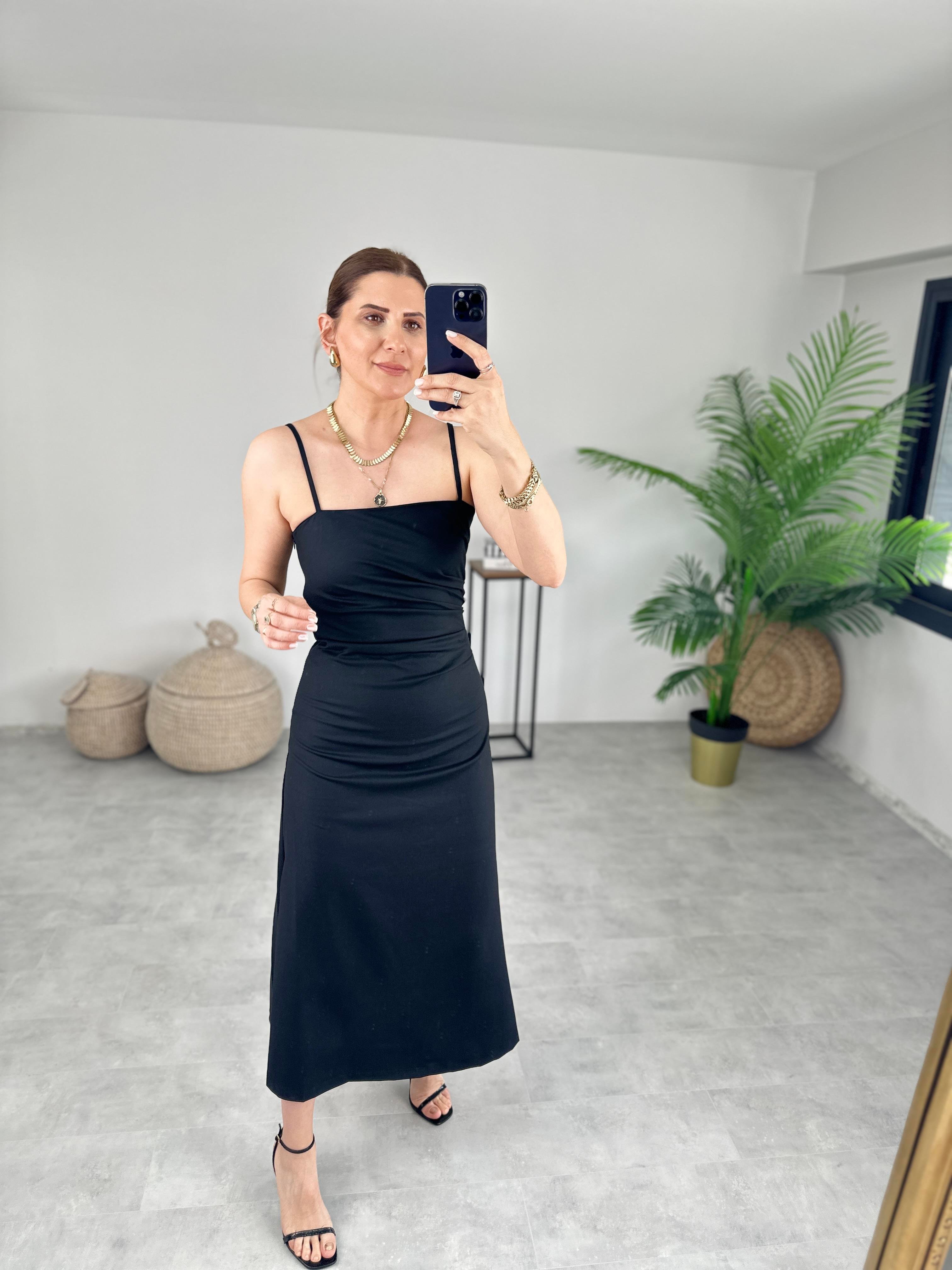 İP ASKILI DRAPELİ ELBİSE