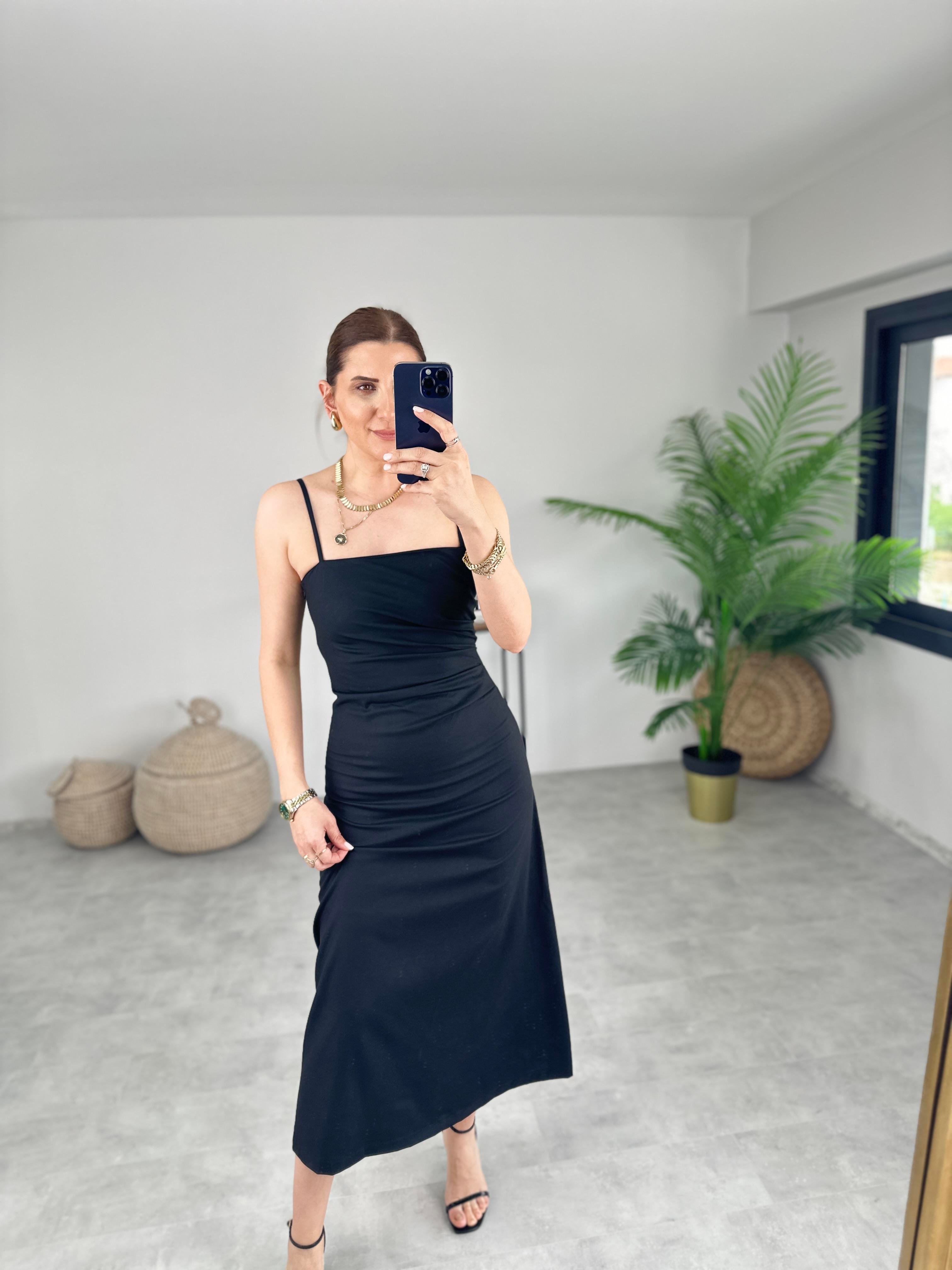 İP ASKILI DRAPELİ ELBİSE