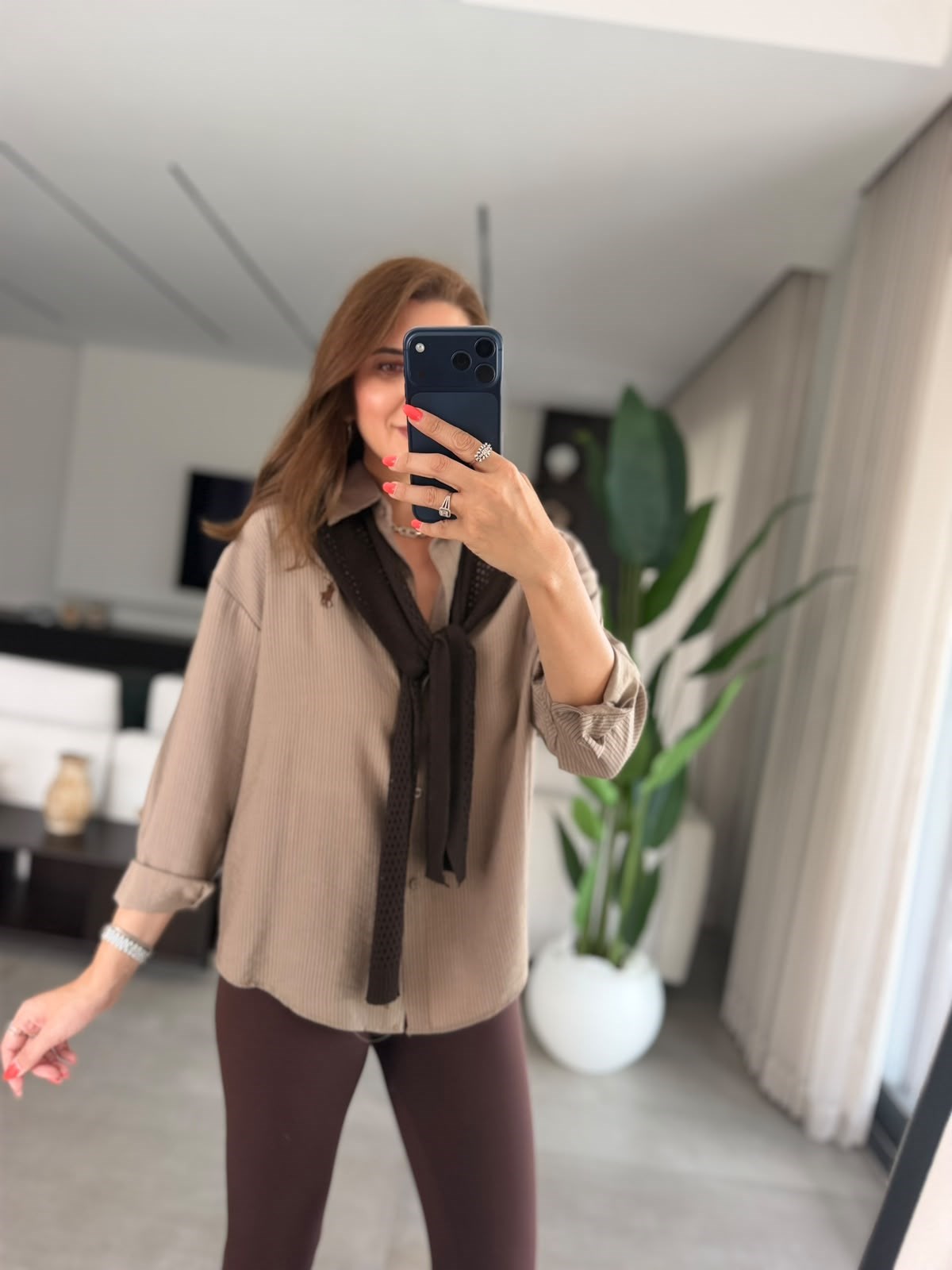 Kahverengi Atkılı Oversize Gömlek