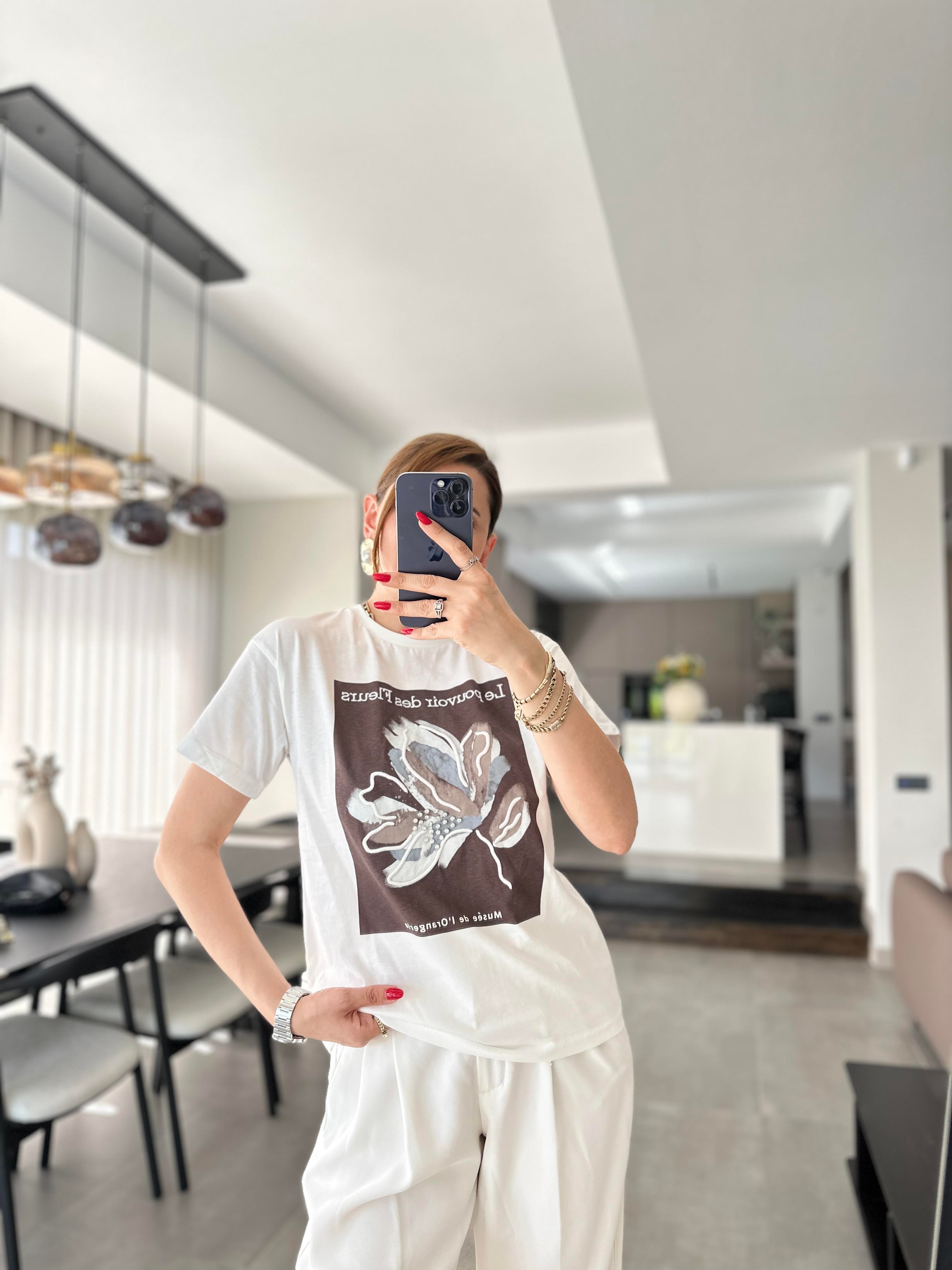 Kahverengi Baskı Detaylı T-shirt