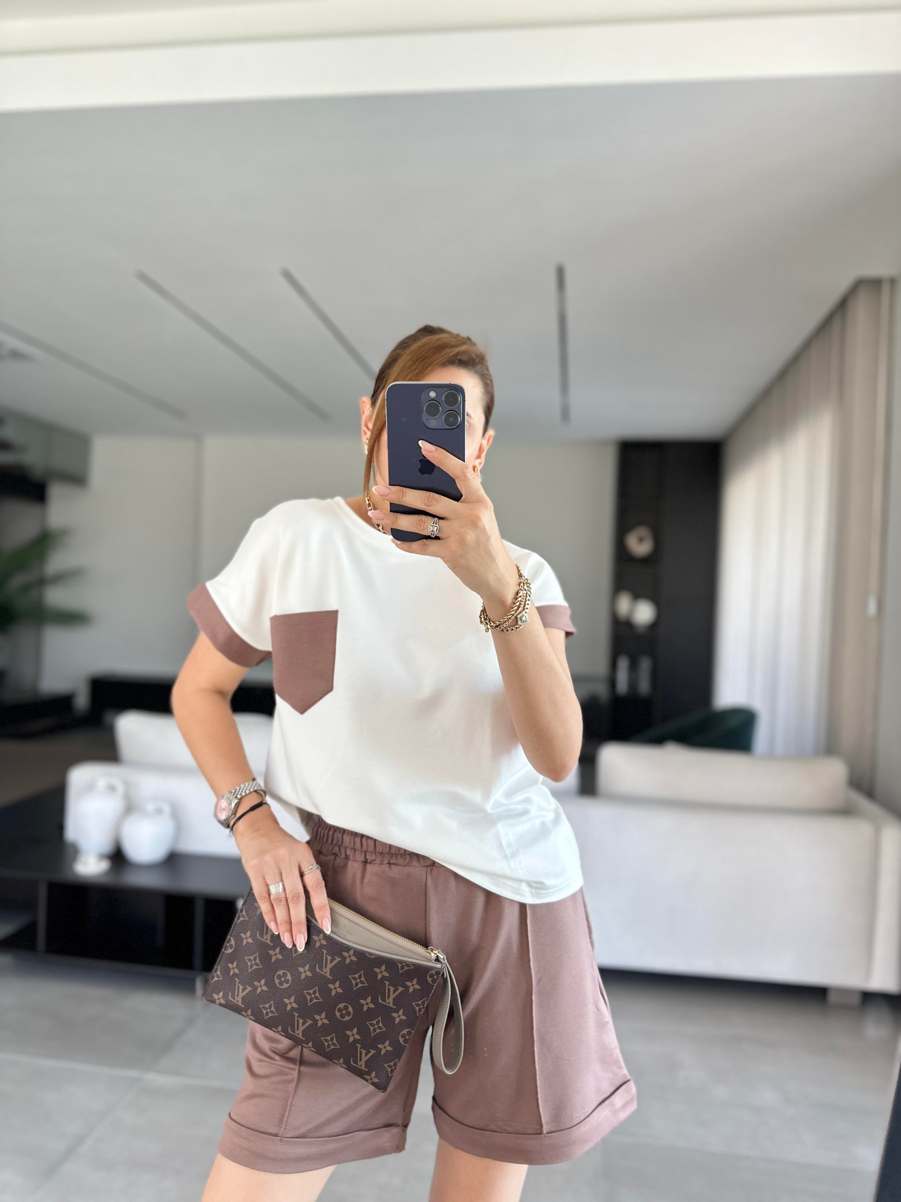 Kahverengi Cep Garnili Şortlu Takım