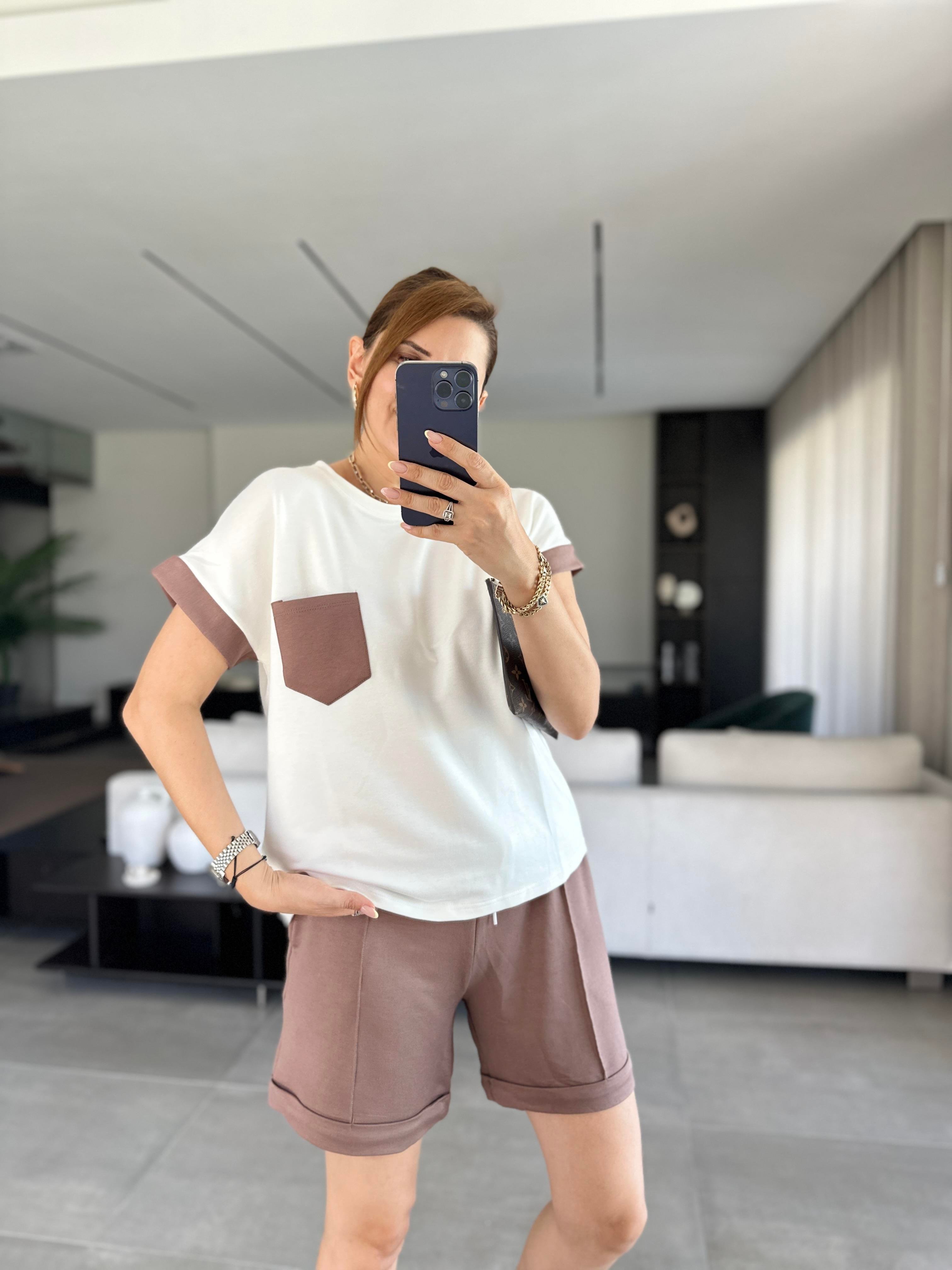 Kahverengi Cep Garnili Şortlu Takım