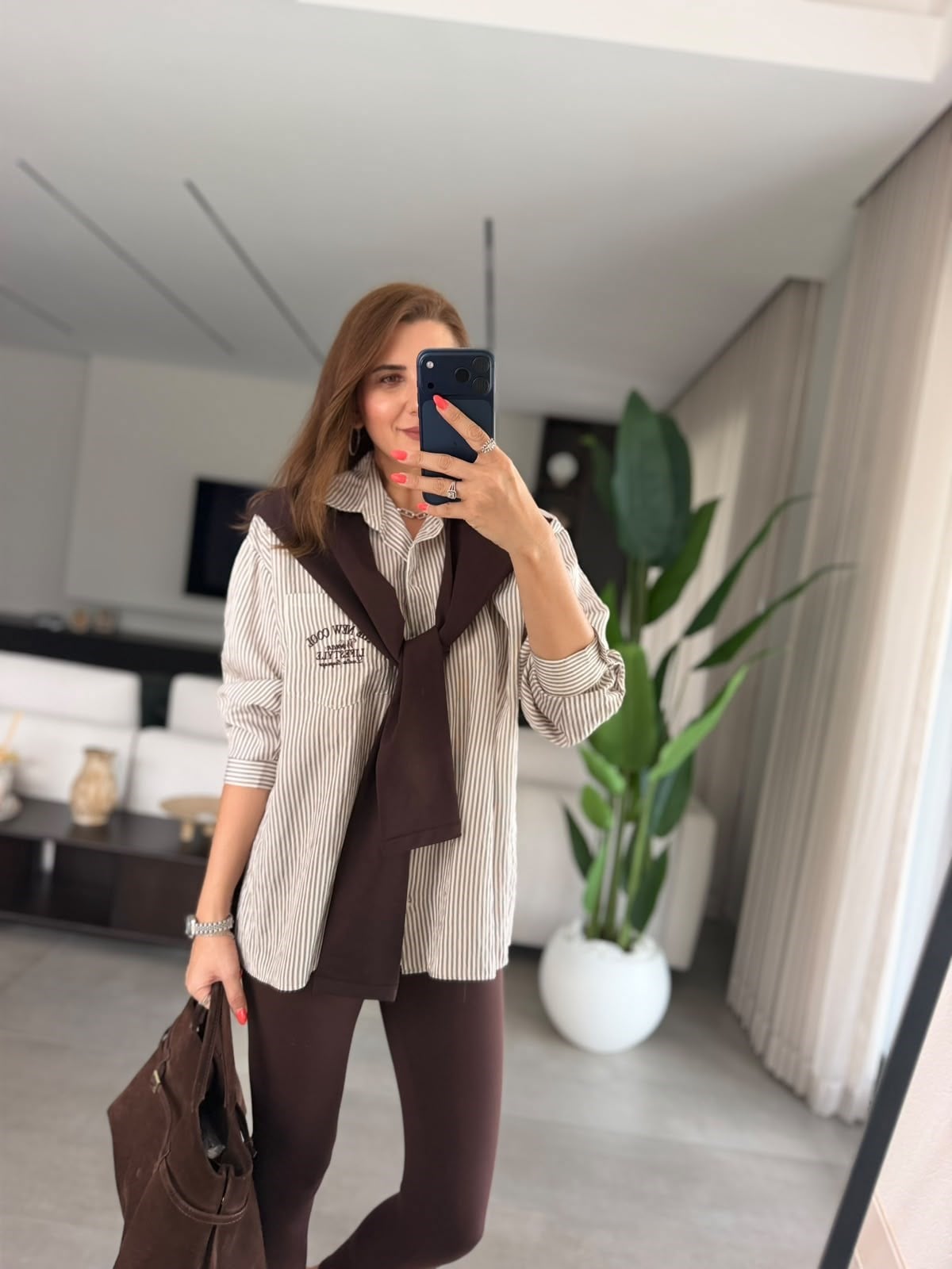 Kahverengi Çizgili Tek Cep Atkılı Gömlek