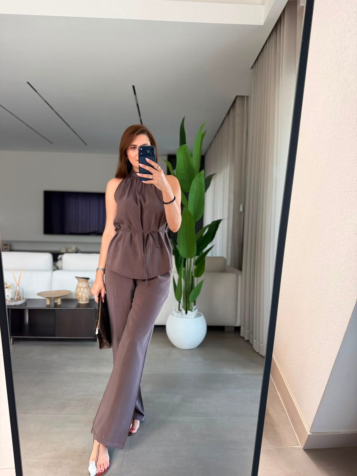 Kahverengi  Halter Yaka Bluz Pantolon Takım