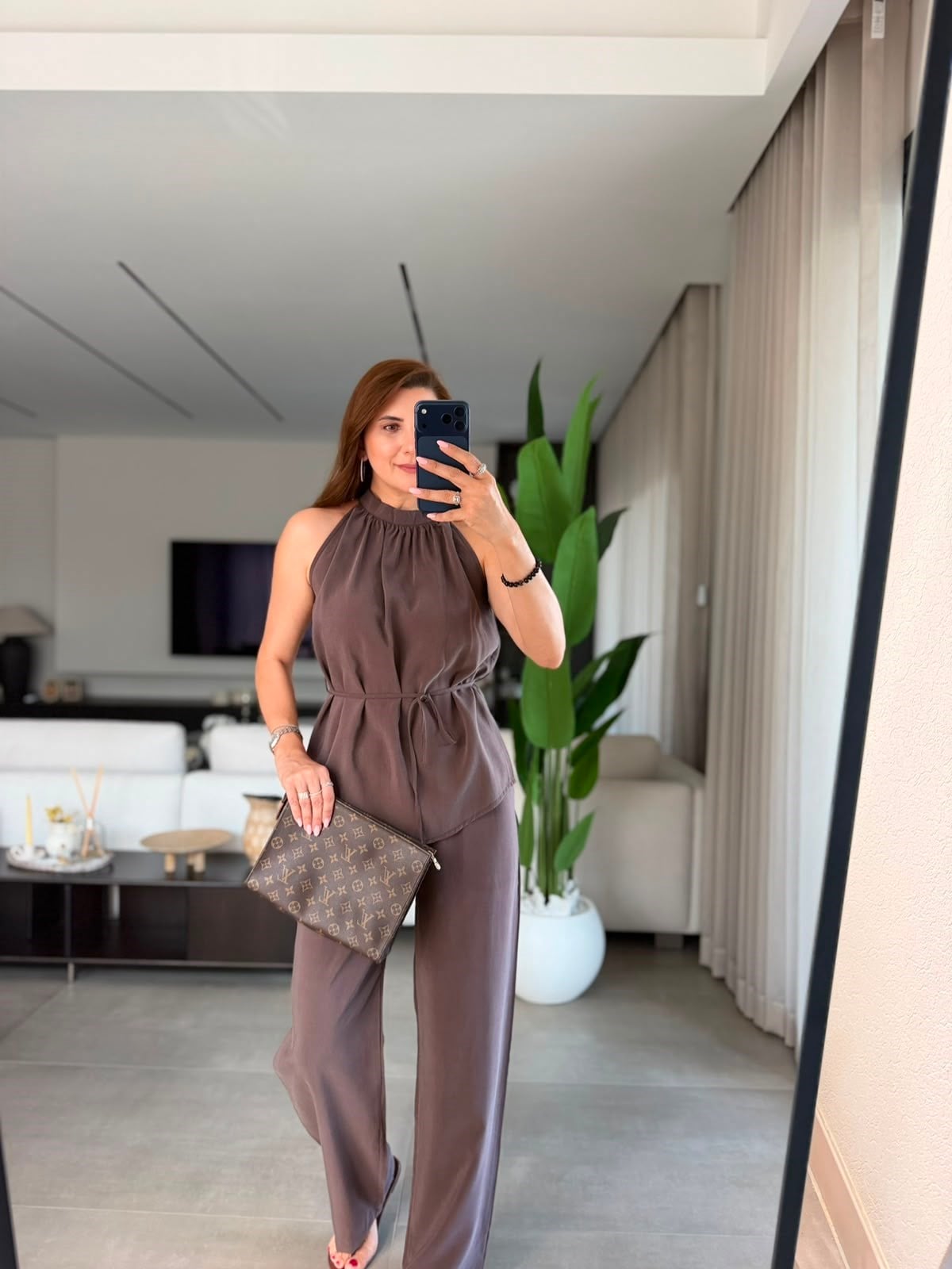 Kahverengi  Halter Yaka Bluz Pantolon Takım