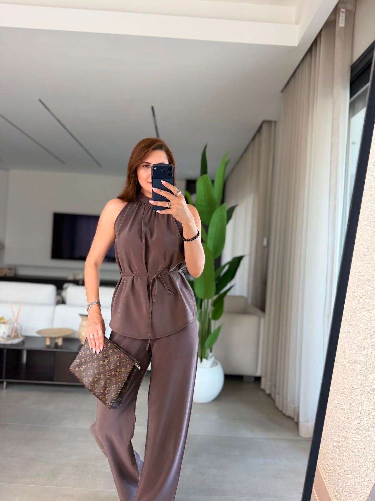 Kahverengi  Halter Yaka Bluz Pantolon Takım