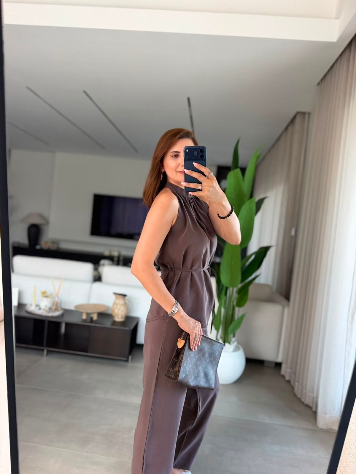Kahverengi  Halter Yaka Bluz Pantolon Takım