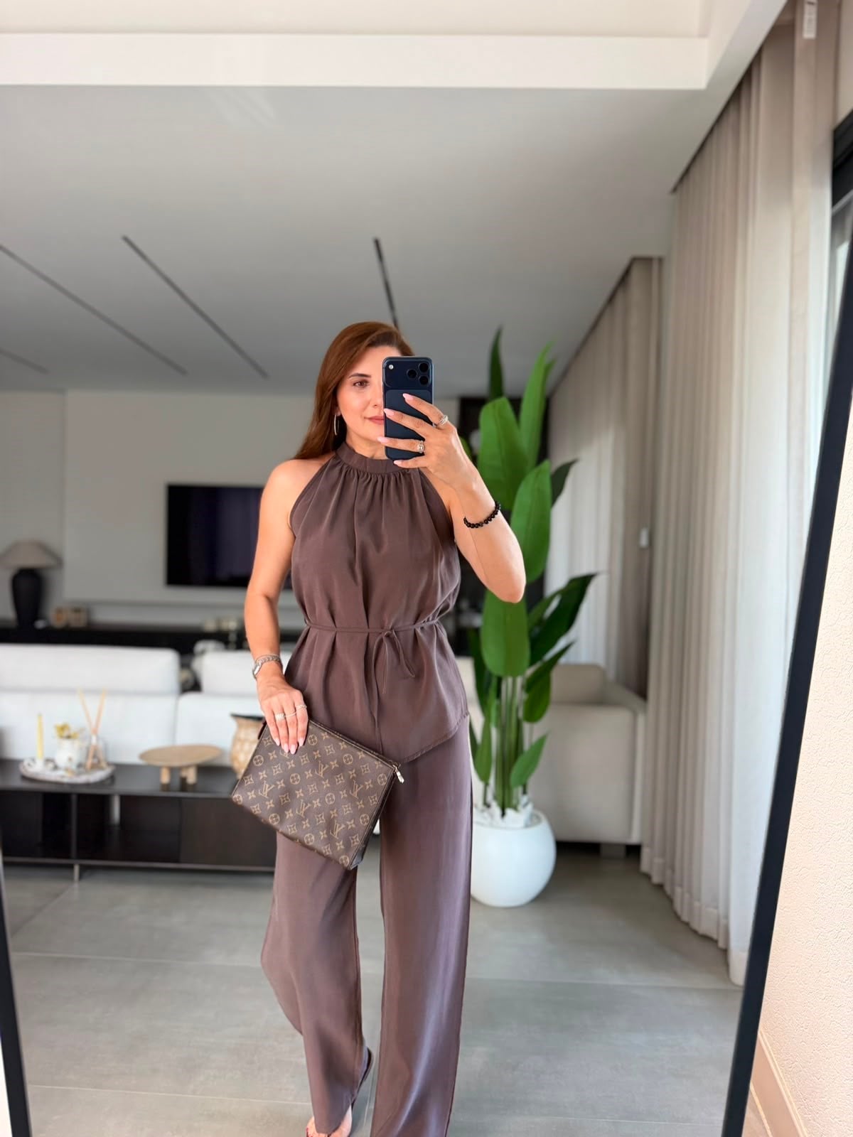 Kahverengi  Halter Yaka Bluz Pantolon Takım