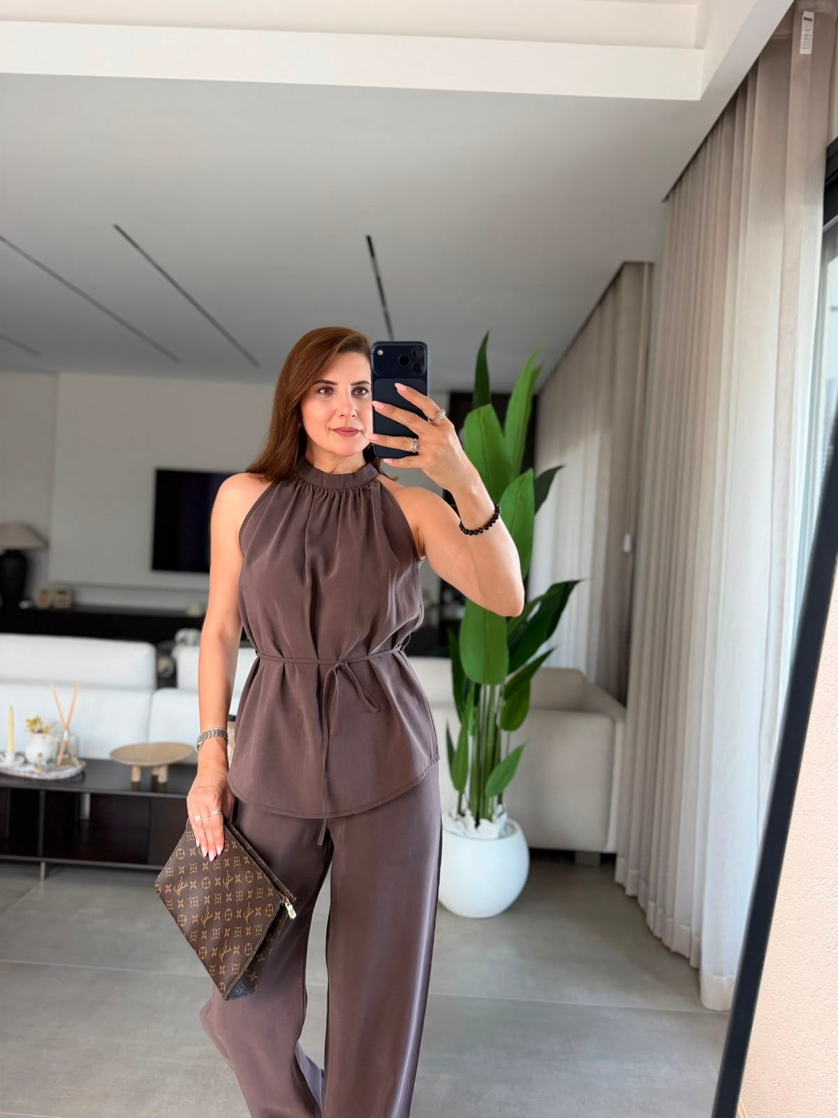 Kahverengi  Halter Yaka Bluz Pantolon Takım
