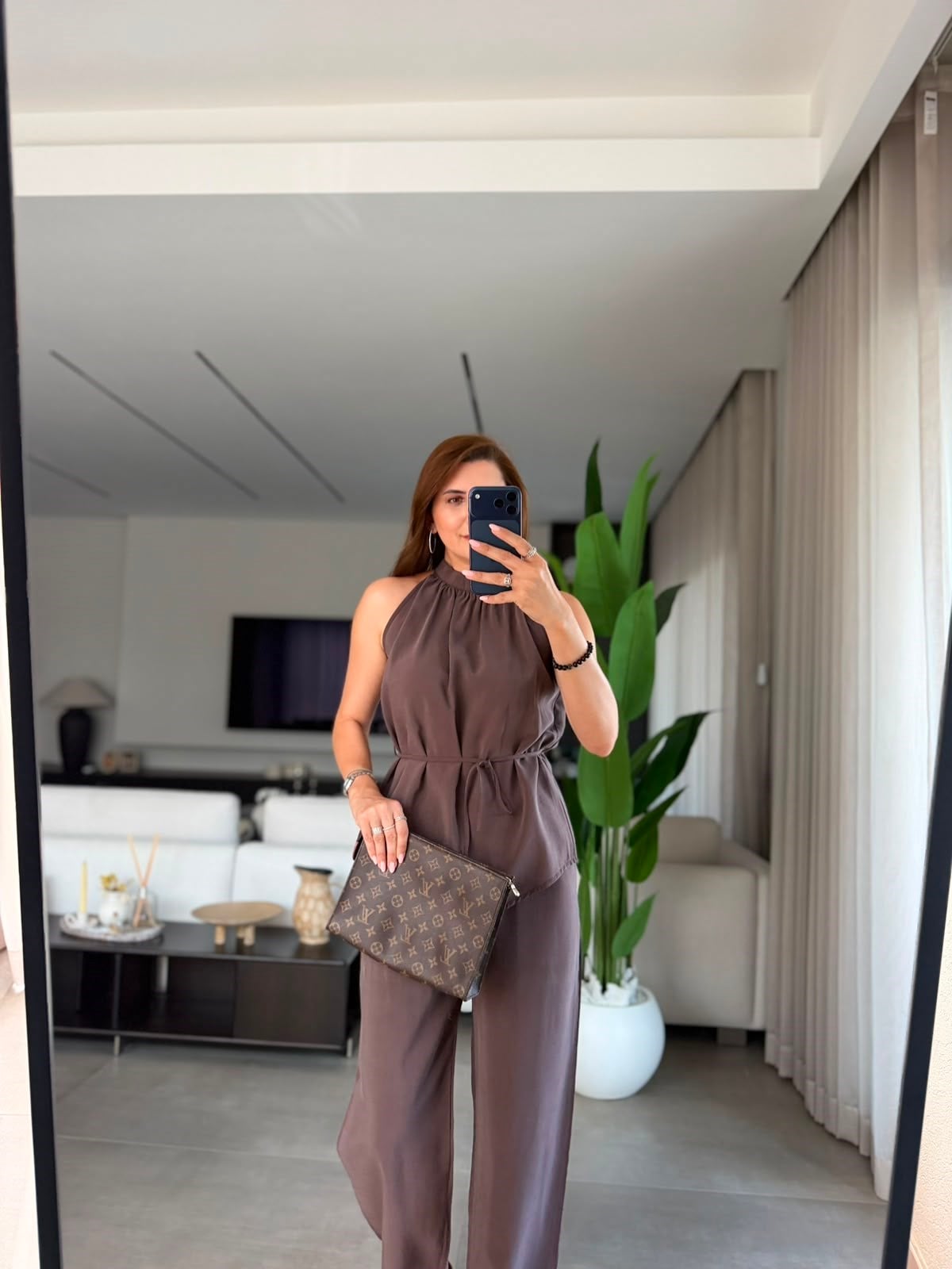 Kahverengi  Halter Yaka Bluz Pantolon Takım