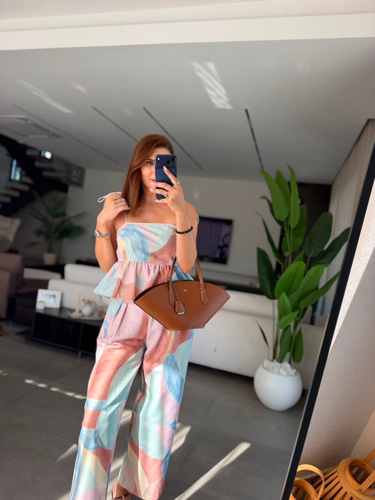 Kahverengi Lalin Askılı Bluz Pantolon Takım