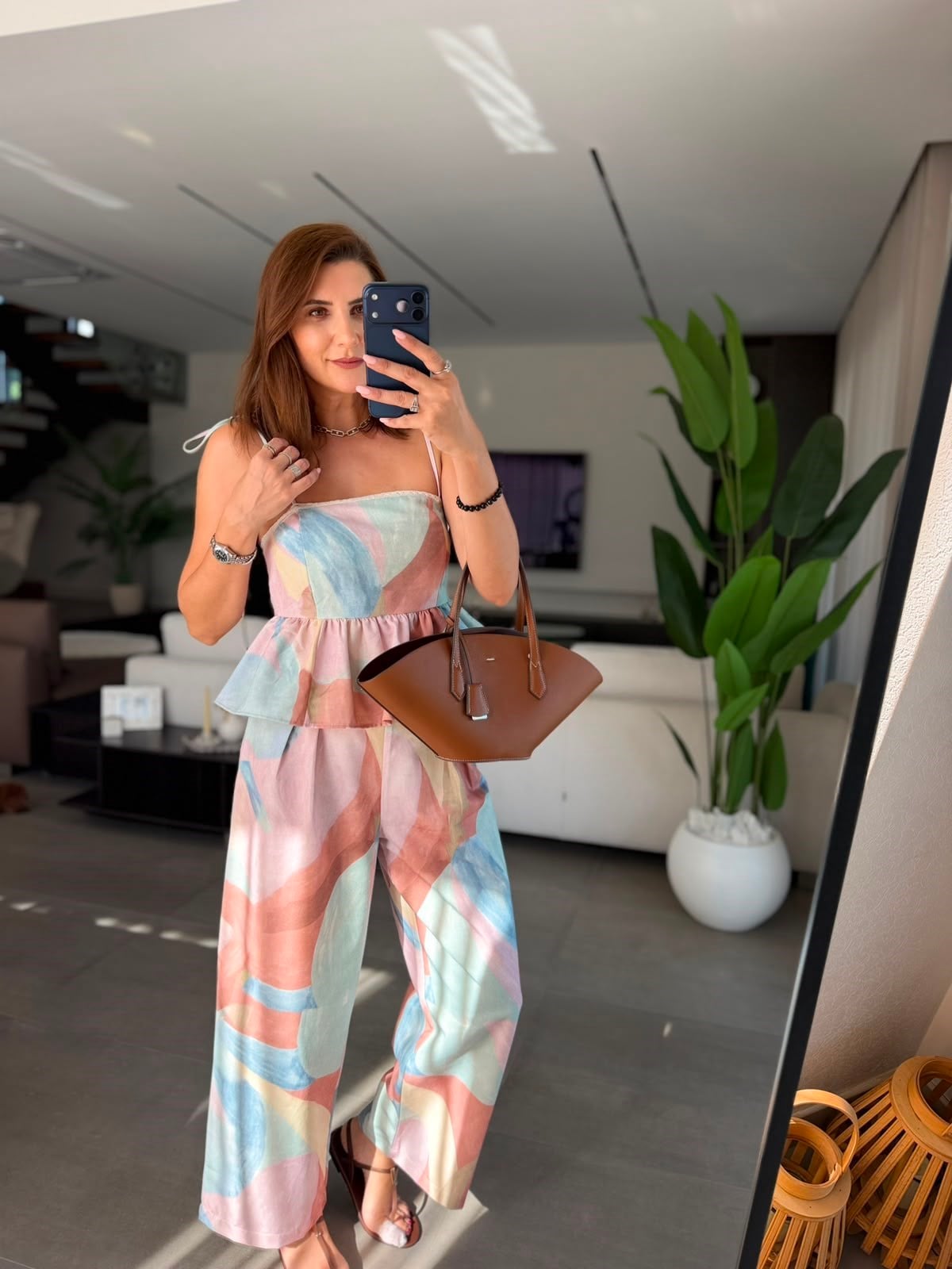 Kahverengi Lalin Askılı Bluz Pantolon Takım