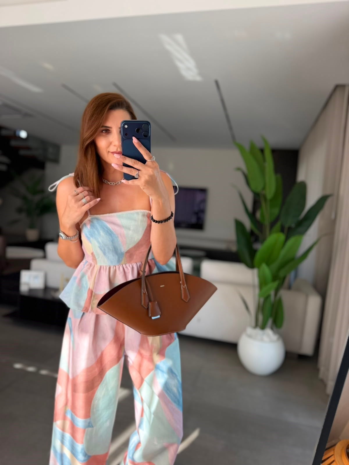 Kahverengi Lalin Askılı Bluz Pantolon Takım