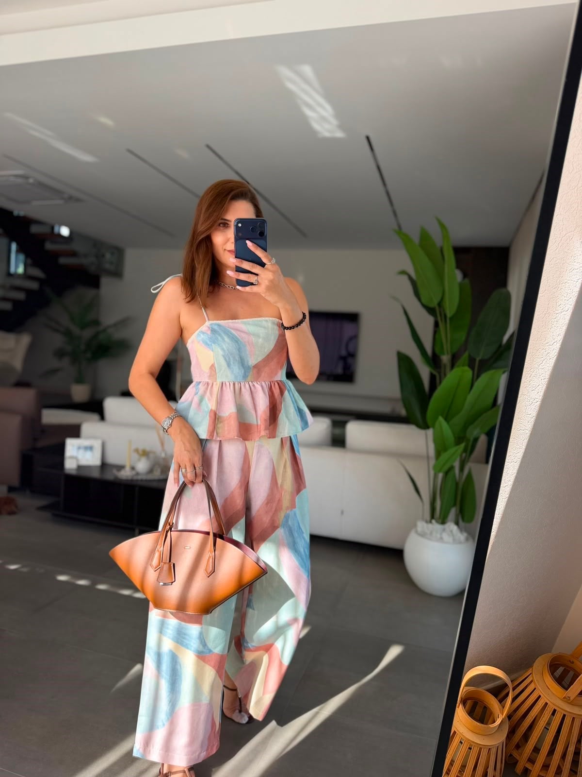 Kahverengi Lalin Askılı Bluz Pantolon Takım