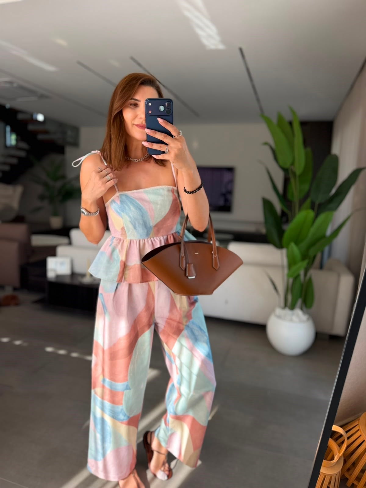 Kahverengi Lalin Askılı Bluz Pantolon Takım