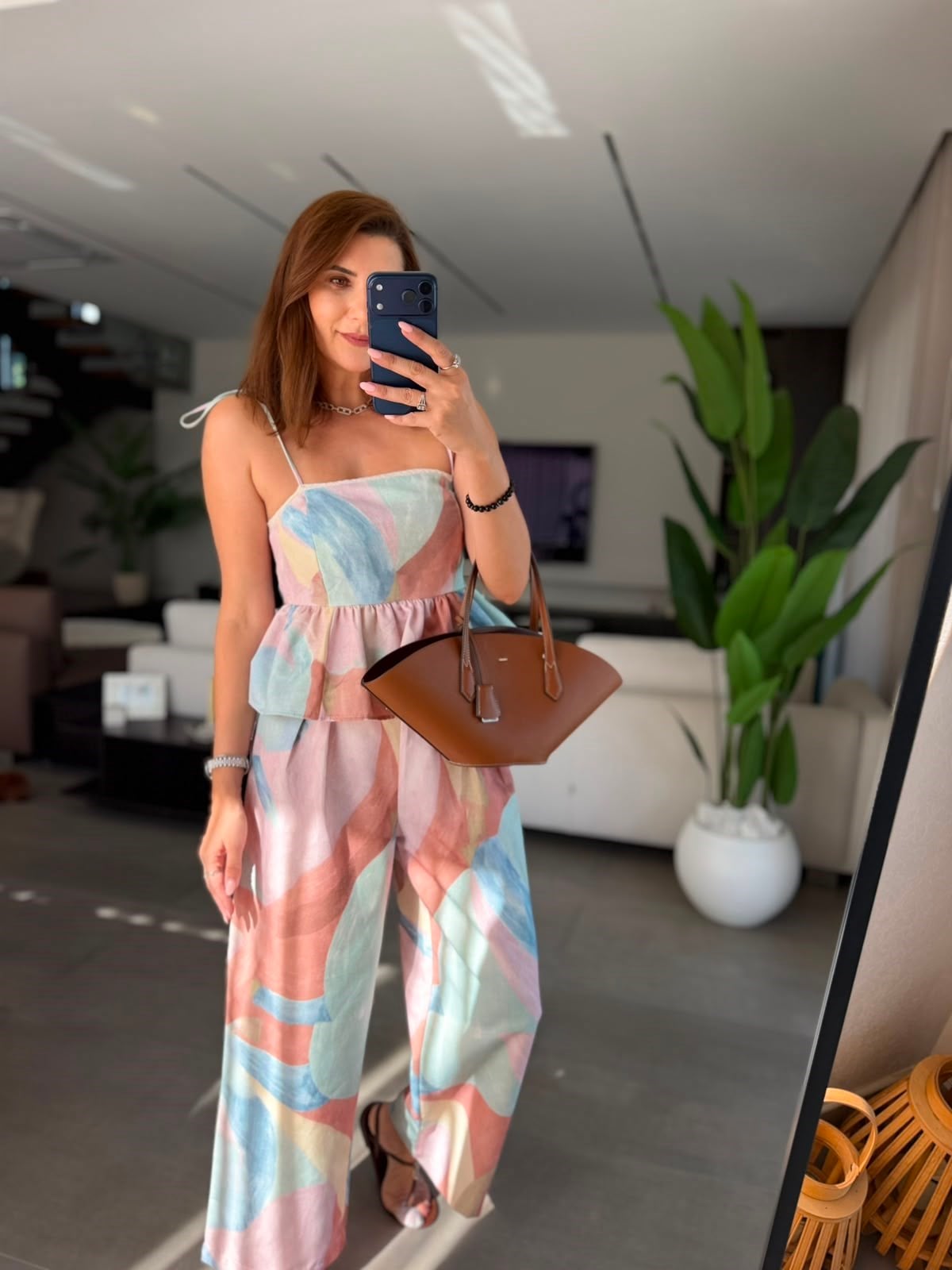 Kahverengi Lalin Askılı Bluz Pantolon Takım