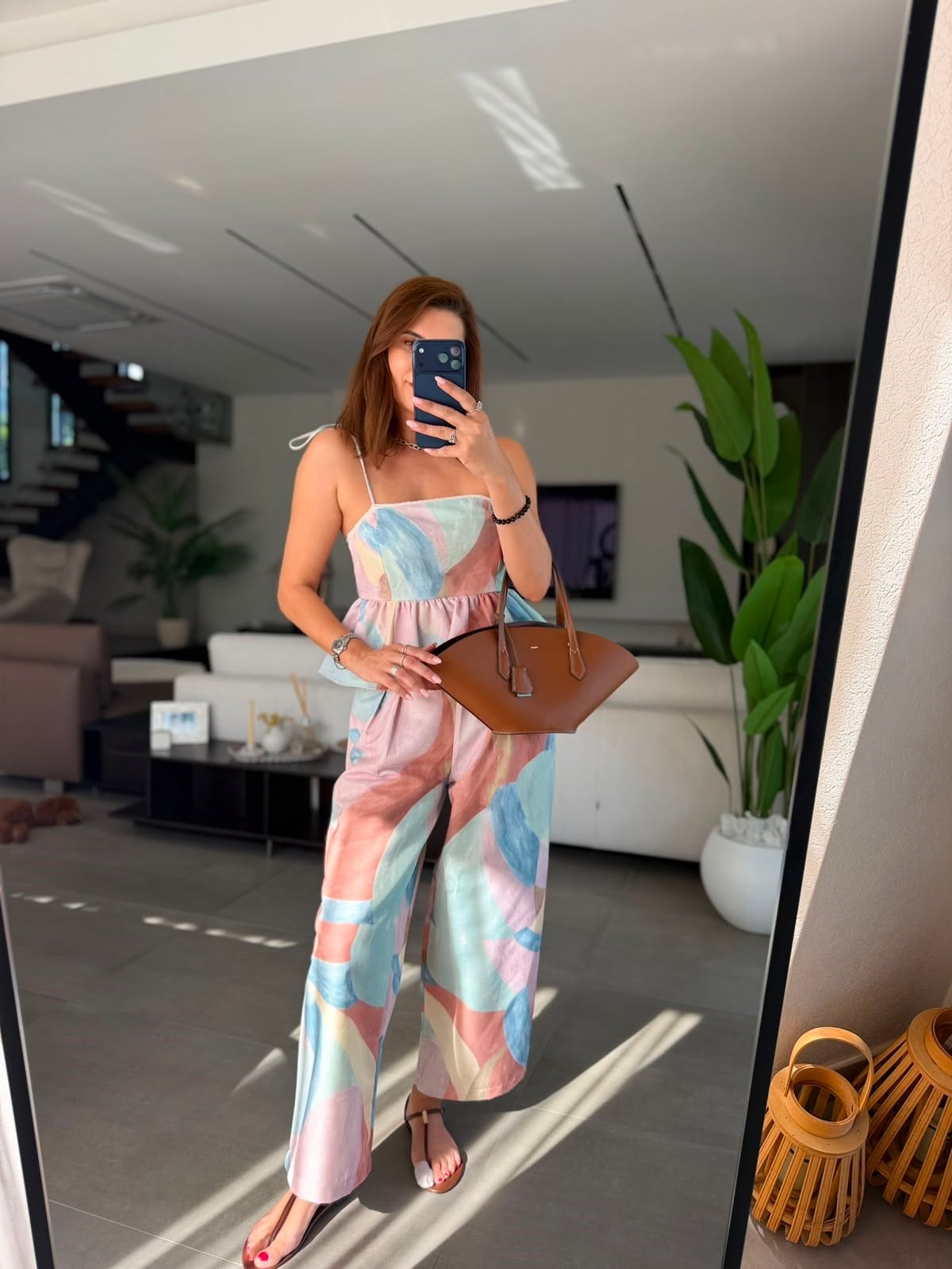 Kahverengi Lalin Askılı Bluz Pantolon Takım