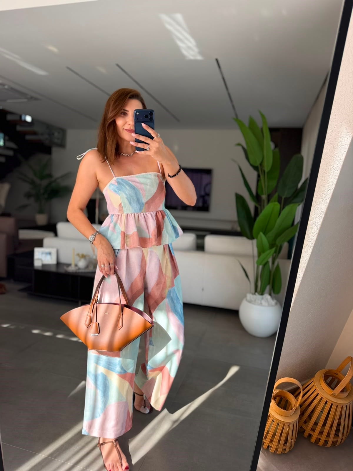 Kahverengi Lalin Askılı Bluz Pantolon Takım