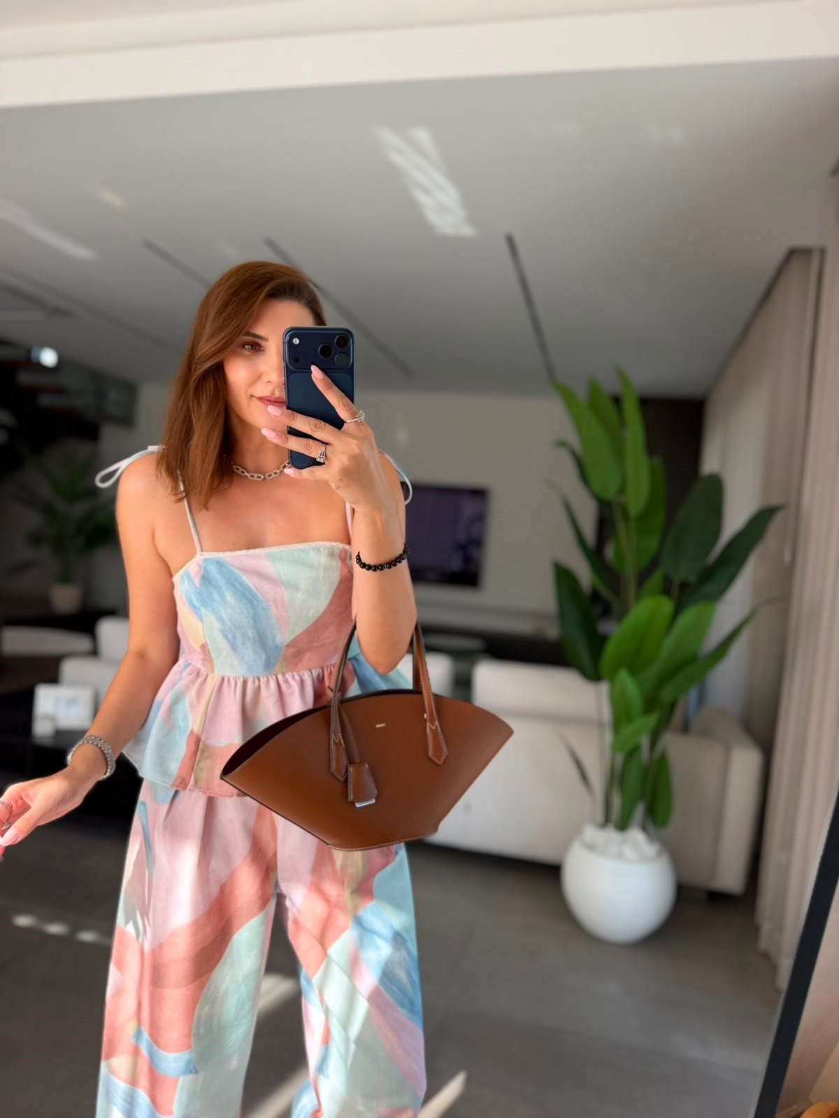 Kahverengi Lalin Askılı Bluz Pantolon Takım