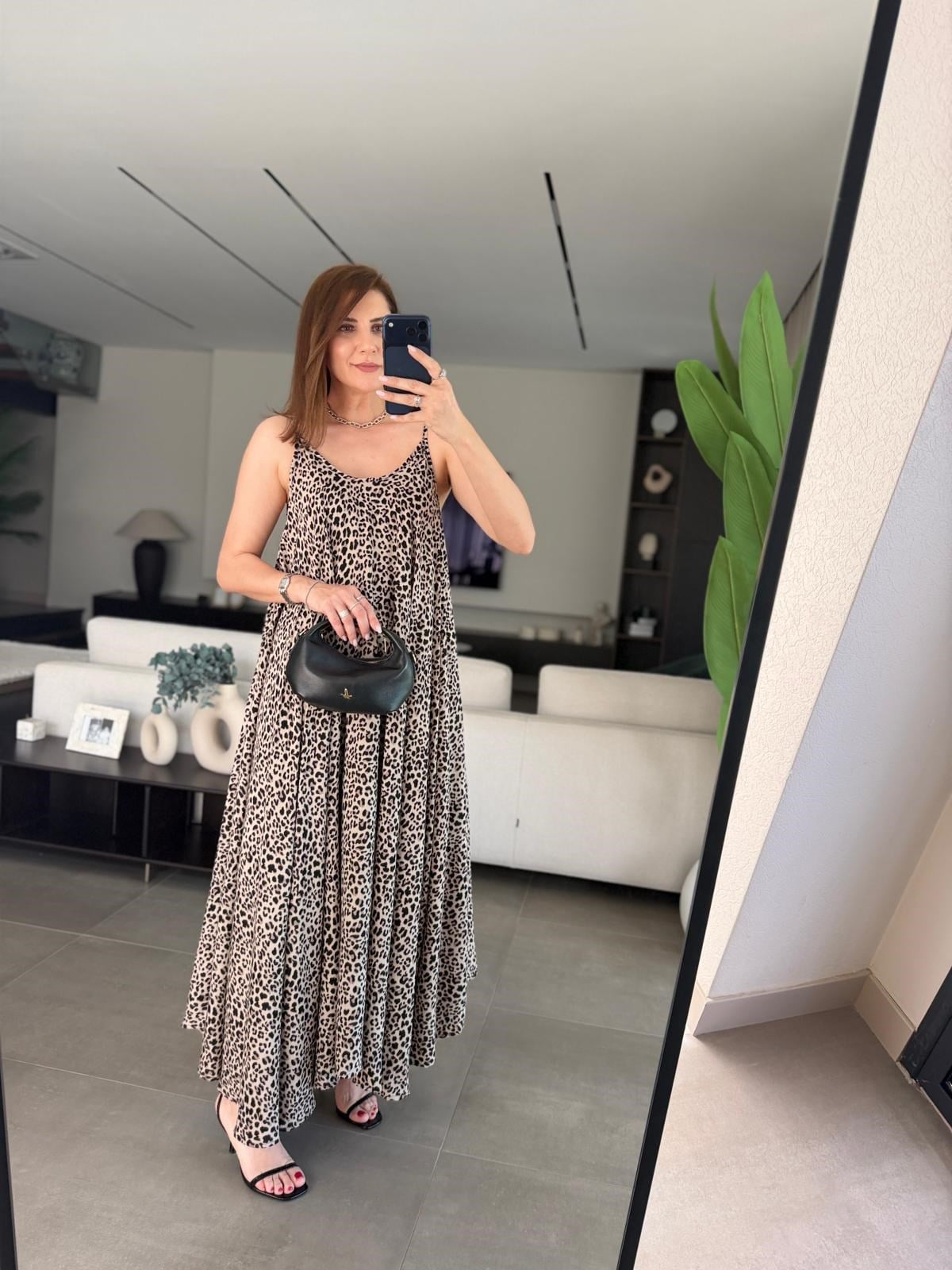 Kahverengi Leopar Desen İkili Elbise
